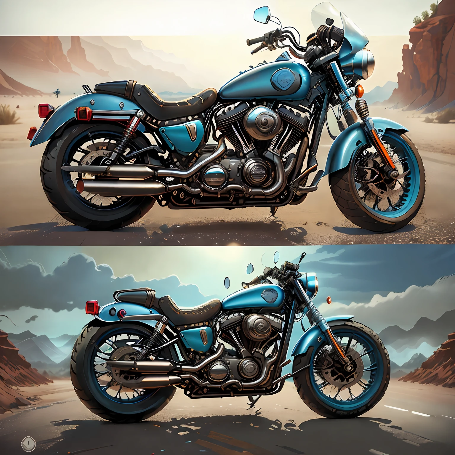 Harley-Davidson Estrada Desliza: A touring bike with a characteristic double windshield,(total view) ,Mad Max ,CogPunkAI ,Cores 64 k, (AZUL NEON),4D ,rota 66