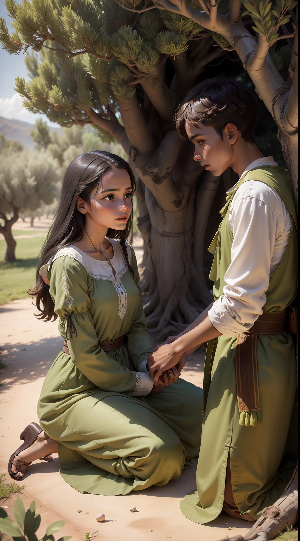 amid olive trees A kneeling Brazilian woman wearing an old cotton dress talks to a young man wearing a cotton tunic and he with an expression of bravo.