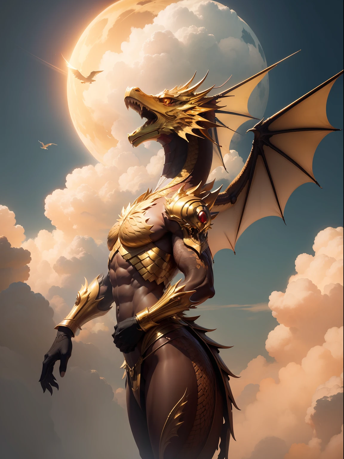 A single golden dragon in the sky.