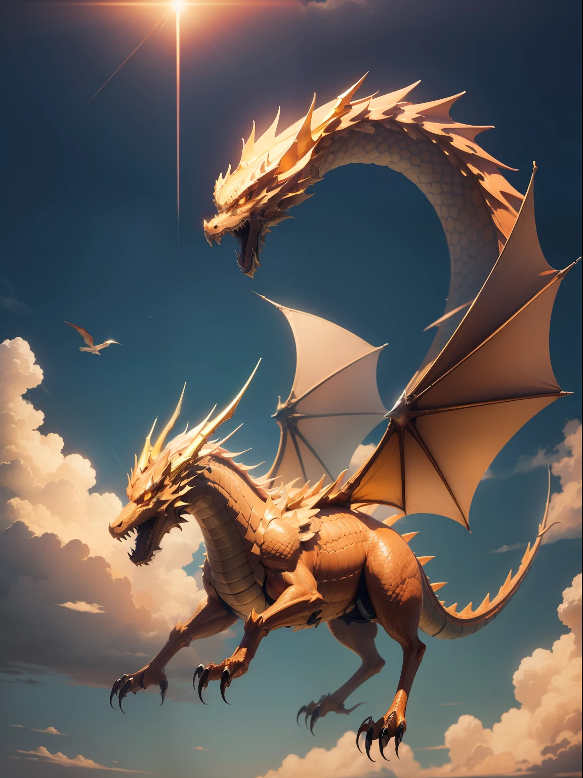 A single golden dragon in the sky.