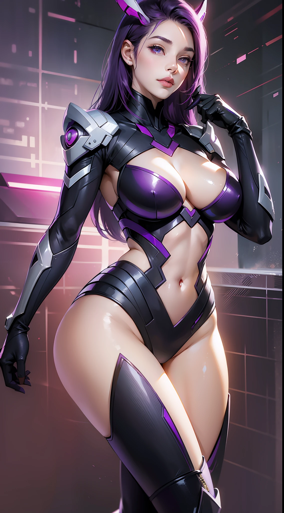 Anime character with purple skin and purple hair and big breasts, thick smooth warframe thighs, Guyver Style, fuchsia skin below the armor, Beautiful Women of Warframe, SFW version, gynoid body, Commission for high resolution, Widowmaker, Widowed ex-lover, fuchsia skin below the armor