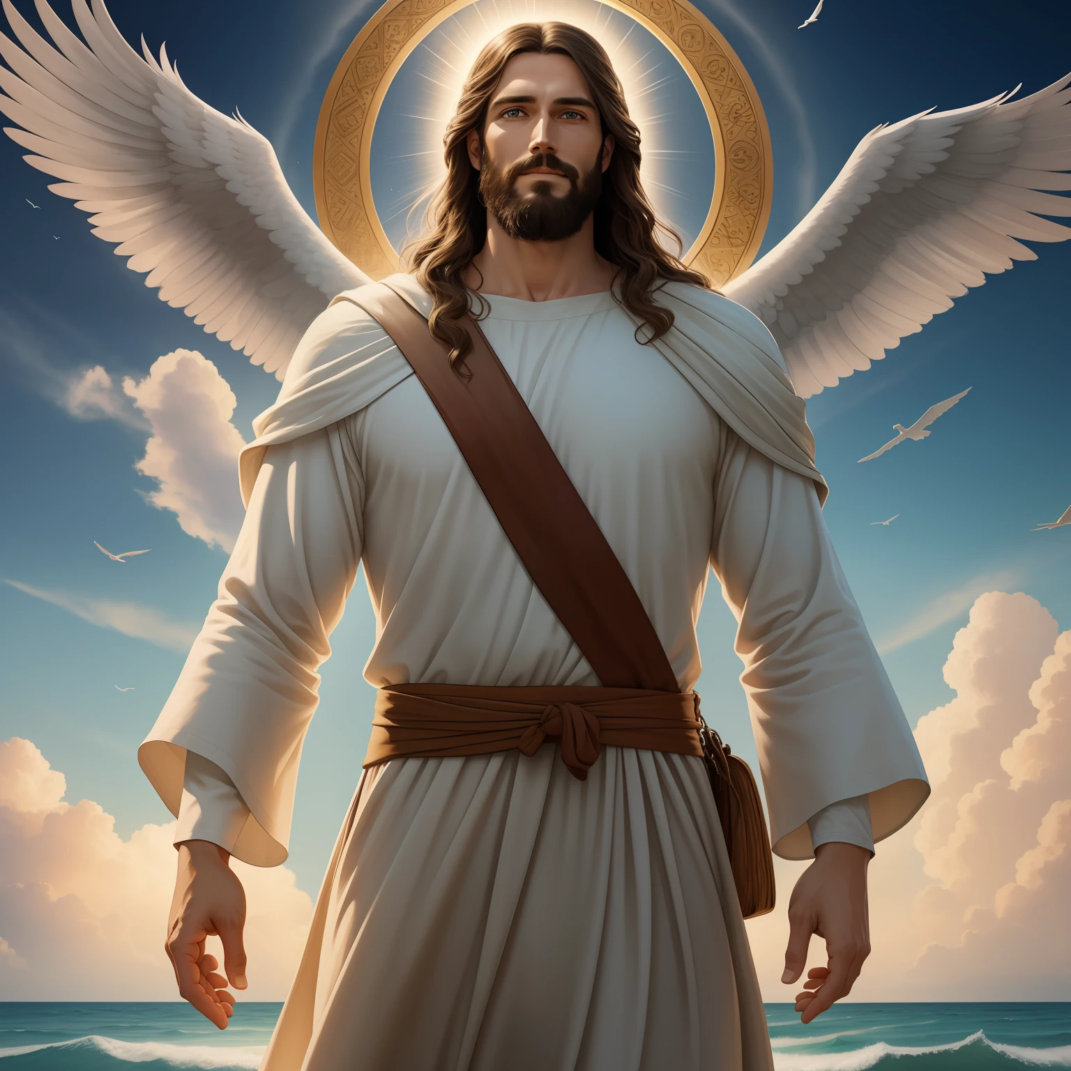 A handsome god Jesus christ ( jesus) blessing to the sky  35 years old with a long brown hair and long beard, heaven blessings light with a cross background)  happy face, realistic 8k,A beautiful ultra-thin realistic portrait of Jesus, the prophet, a man 35 years old Hebrew brunette, short brown hair, real perfect eyes, long brown beard, with, Helping People , wearing long linen tunic closed on the chest part, in front view, full body, biblical, realistic,by Diego Velázquez,Peter Paul Rubens,Rembrandt,Alex Ross,8k, Concept Art, PhotoRealistic, Realistic,  Illustration, Oil Painting, Surrealism, HyperRealistic, helping people , Digital art, style, watercolorReal Jesus flying on sky with a flying cloud in the background, Jesus walking on water, biblical illustration, epic biblical representation, forcing him to flee, coming out of the ocean, ! holding in hand!, disembarking, god of the ocean, beautiful representation, 8k 3D Model, realistic,
a 3D Realistic of jesus with a halo in the sky, jesus christ, smiling in heaven, portrait of jesus christ, jesus face, 35 young almighty god, portrait of a heavenly god, greg olsen, gigachad jesus, jesus of nazareth, jesus, the face of god, god looking at me, he is greeting you warmly, he is happy, avatar image