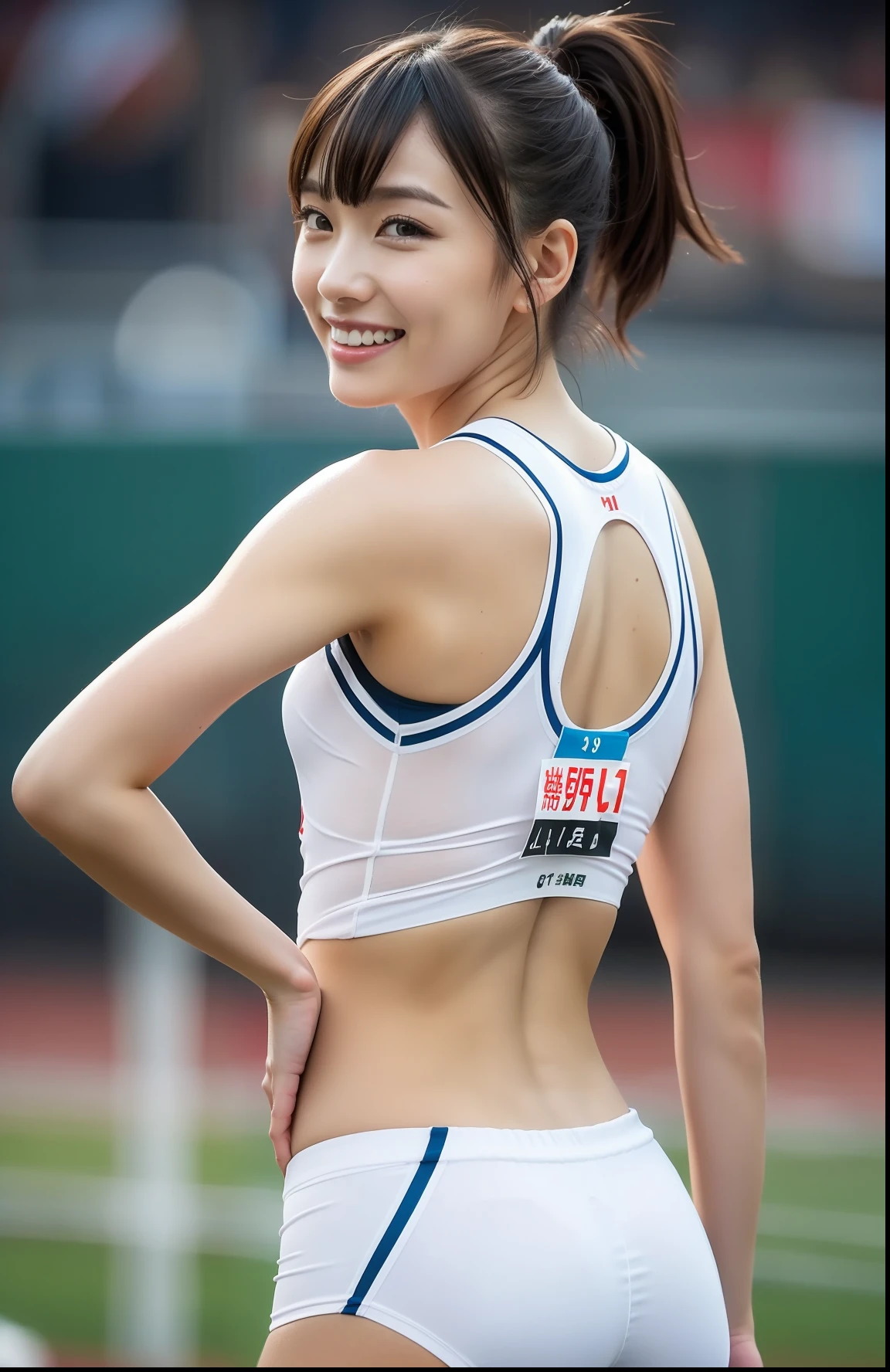 (((full bodyesbian)))、Rear view、japanese beauty girl、((Short-cut hairstyles))、Perfect style、track and field uniform、beauty legs、kawaii、((Track & Field Athletes Women))、(((1人)))、((stadium))、Transcendent cute、A slight smil、Beautiful breasts、full bodyesbian、athletic field、((Outstanding style))、((Healthy body))、 Photorealsitic、Beautiful detailed eyes、Hyper-Realism、highcontrast、Ultra HD、realistic skin textures、Top image quality、top-quality、超A high resolution、Fine details、Very meticulously
