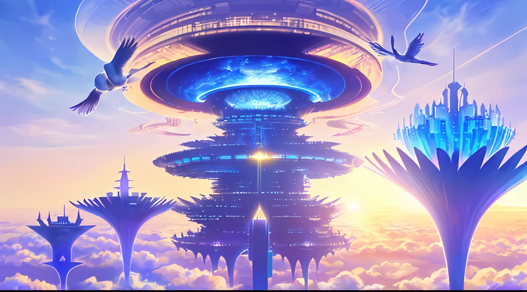 bird's eyes view，(sky cities），Lots of clouds，Sea of clouds，Giant towers and ring-shaped stacked buildings at the top of the city，There are many arches and bridges，and the sci-fi crystal cathedral with flying buttresses，waterfallr，Many ships，Matte painting by James Gurney，Trends on CGSociety，Supersaturation，Super sharp，Ultra-realistic