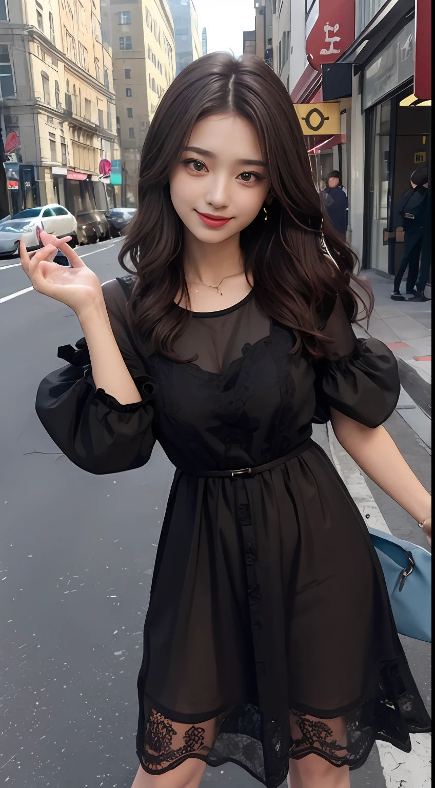 ((top-quality、8K、masterpiece:1.3))、1girl in、A smile、full body Esbian、Slim Faces、Pretty women、(dark brown hair)、Full-length dresses:1.1、hyperdetailed face、A detailed eye、二重まぶた、blured background、Slim Faces、城市、takeout、a street、random color dress、Random Poses、Brown hair with highlight lines、