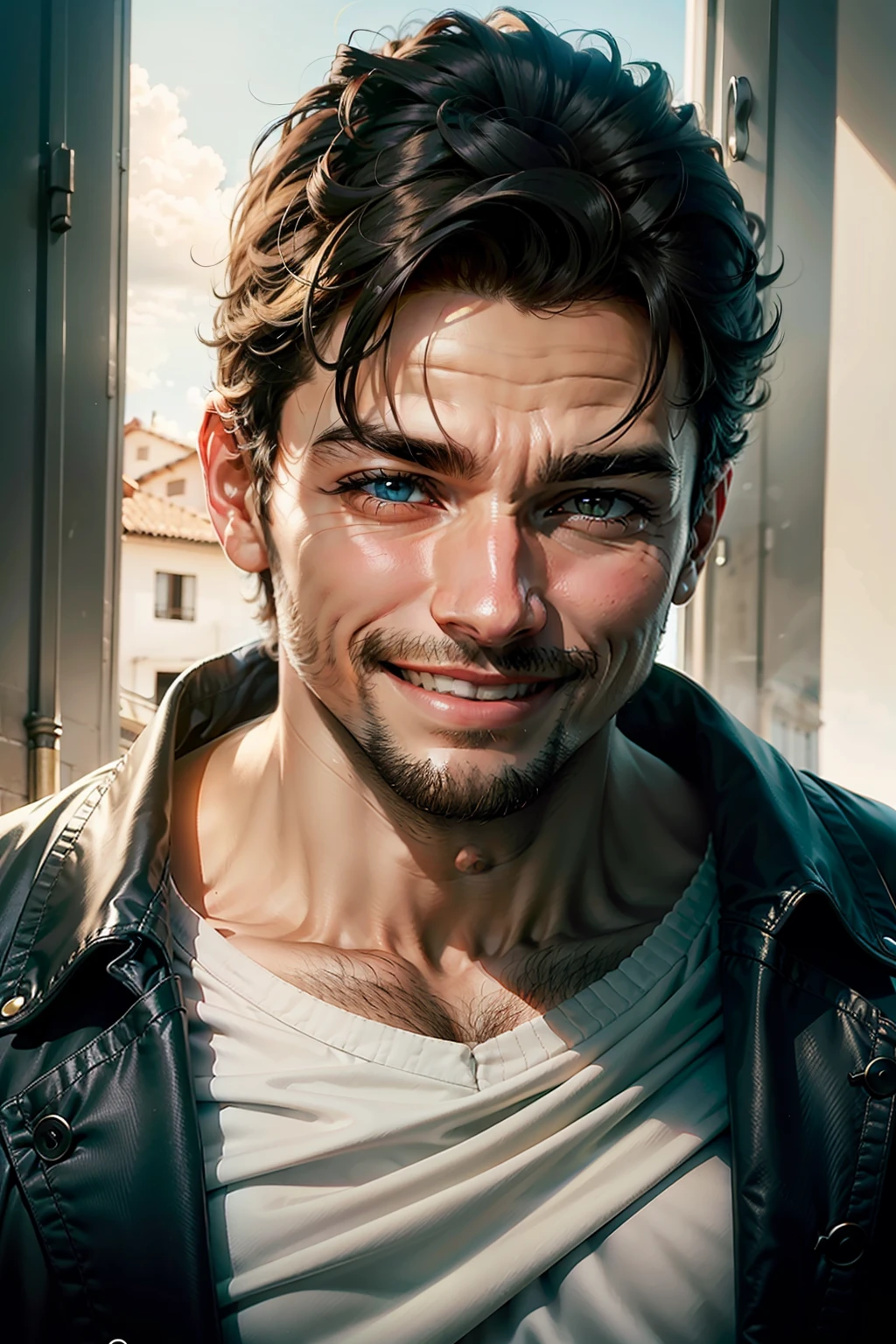homem jovem muito feliz e sorrindo, outras roupas claras, blue sky background, Realistic photo