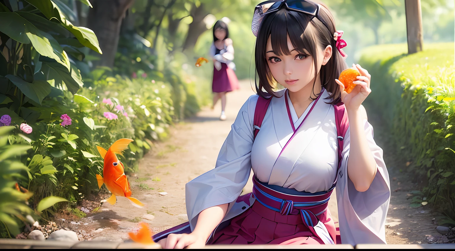 (masutepiece:1.2),(Best Quality:1.1),(Ultra-detailed:1.1),(Realistic:1.2),(Colorful:1.2),(Young girls:1.3),(Japanese:1.1),(Clothing samples:1.1),(Girls playing with goldfish scoop:1.3),(Colorful contact lenses:1.2),(FULL BODYSHOT:1.2),(Summer:1.1)