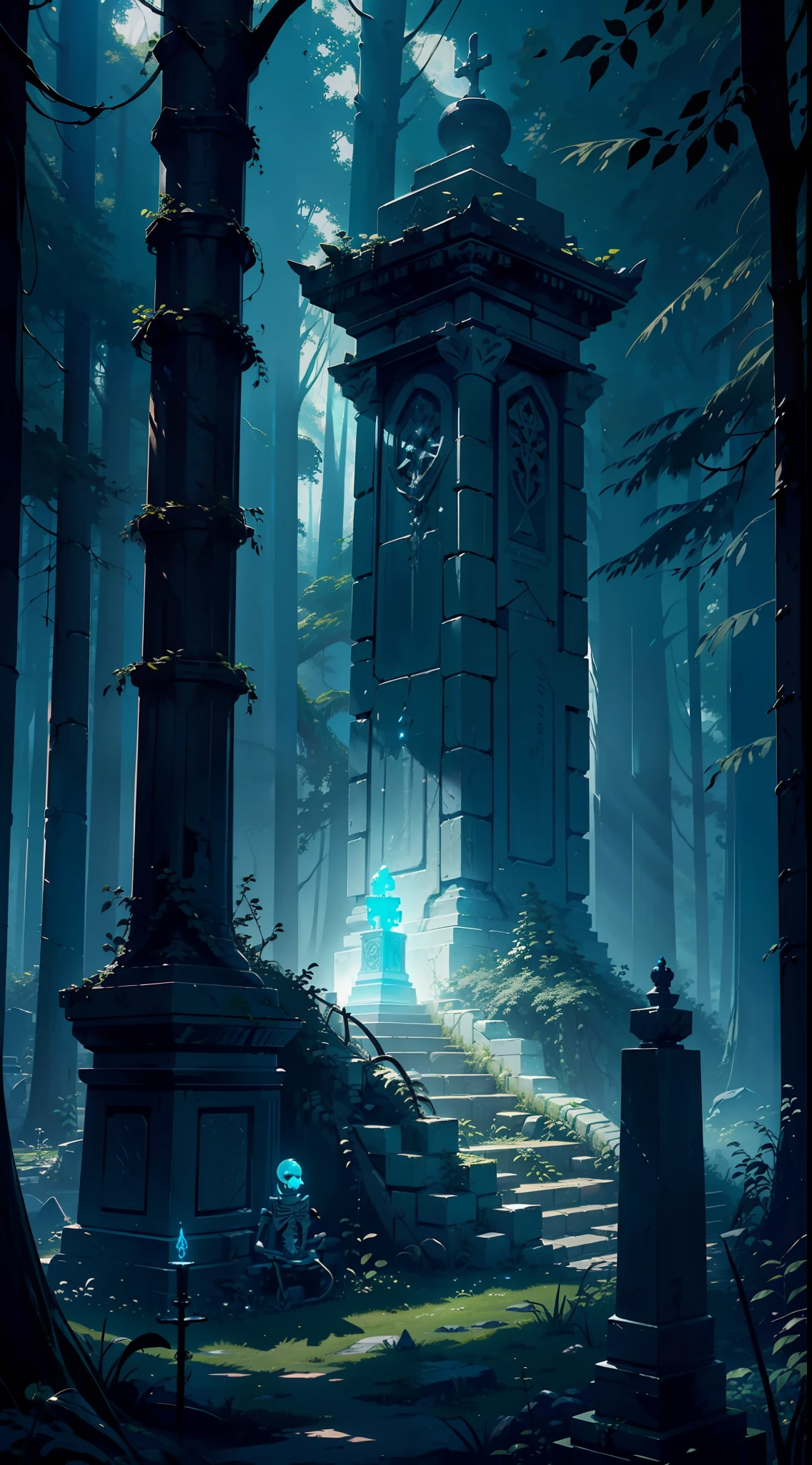 ((Masterpiece)) picture of a fantasy grave guardian ,grave guard((Skeleton )) Sit on the((stone Thorne)) , under the beautiful ( fantasy) nature the throne is , ((detail forest)) ((small detailed)), (Bioluminescence runes skeleton),focus on grave throne stone, ivy plant surrounding the throne, inspired by senior environment artist, ((ancient grave guardian)),  , (Intricate details), ((hyper HD))illusory engine (Fantasy art),(( illusory engine)) render concept art, ornate one ancient tample ruins, ((glowing nature)), picture capture with each every (((small detailed))), ((Highly detailed)),Break , evening hours ((vermilion sky))