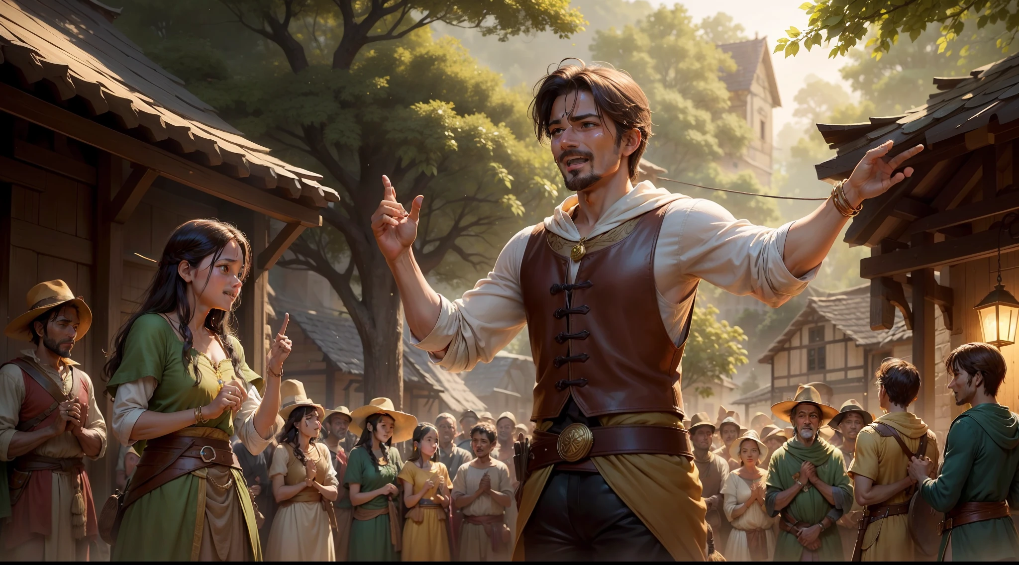 Amidst a picturesque village square, the golden hour bathes the scene in a warm glow. Robin Hood, the iconic outlaw, stands tall on a wooden platform, surrounded by awe-struck villagers. With a mesmerizing smile, he opens his palms, releasing a torrent of gleaming gold coins that sparkle like sunlit stars, cascading down like a gentle rain. The grateful villagers reach out, their eyes filled with wonder and tears of joy, as they experience a newfound hope and relief from the oppressive chains of poverty and tyranny.