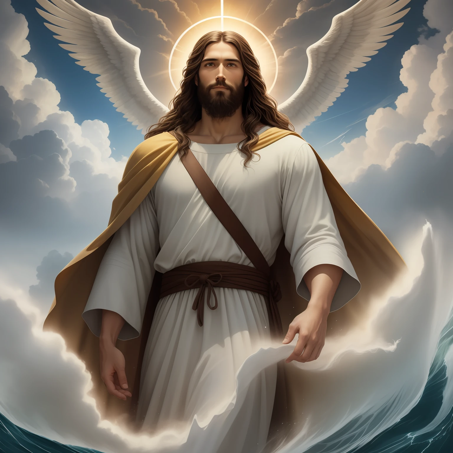 A handsome god Jesus christ ( jesus) blessing to the sky 35 years old with a long brown hair and long beard, healing woman, heaven blessings light with a cross background) happy face, realistic 8k,A beautiful ultra-thin realistic portrait of Jesus, the prophet, a man 35 years old Hebrew brunette, short brown hair, real perfect eyes, long brown beard, with, Helping People , wearing long linen tunic closed on the chest part, in front view, full body, biblical, realistic,by Diego Velázquez,Peter Paul Rubens,Rembrandt,Alex Ross,8k, Concept Art, PhotoRealistic, Realistic, Illustration, Oil Painting, Surrealism, HyperRealistic, helping people , Digital art, style, watercolorReal Jesus flying on sky with a flying cloud in the background, Jesus walking on water, biblical illustration, epic biblical representation, forcing him to flee, coming out of the ocean, ! holding in hand!, disembarking, god of the ocean, beautiful representation, 8k 3D Model, realistic,
a 3D Realistic of jesus with a halo in the sky, jesus christ, smiling in heaven, portrait of jesus christ, jesus face, 35 young almighty god, portrait of a heavenly god, greg olsen, gigachad jesus, jesus of nazareth, jesus, the face of god, god looking at me, he is greeting you warmly, he is happy, avatar image