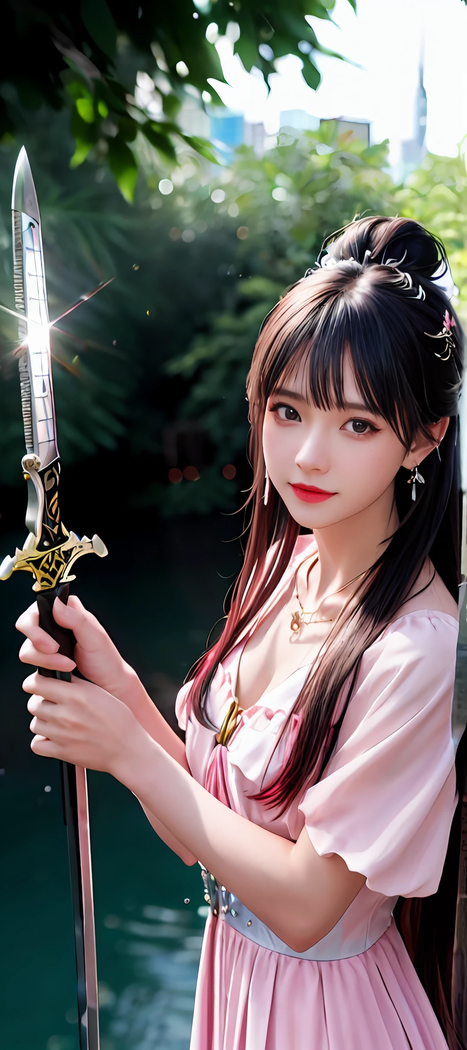 realisticity: 1.2), best quality, masterpiece, highres, super detail, ultra detail, cg, 1girl, weapon, sword, long hair, dress, water, solo, jewelry, red dress, earrings, hair ornament, splashing, upper body super realistis, hair bun, blue and pink hair, city backgraun realistis, lighting,candid, Photograph, high resolution, 8k, 10k, Bokeh,
