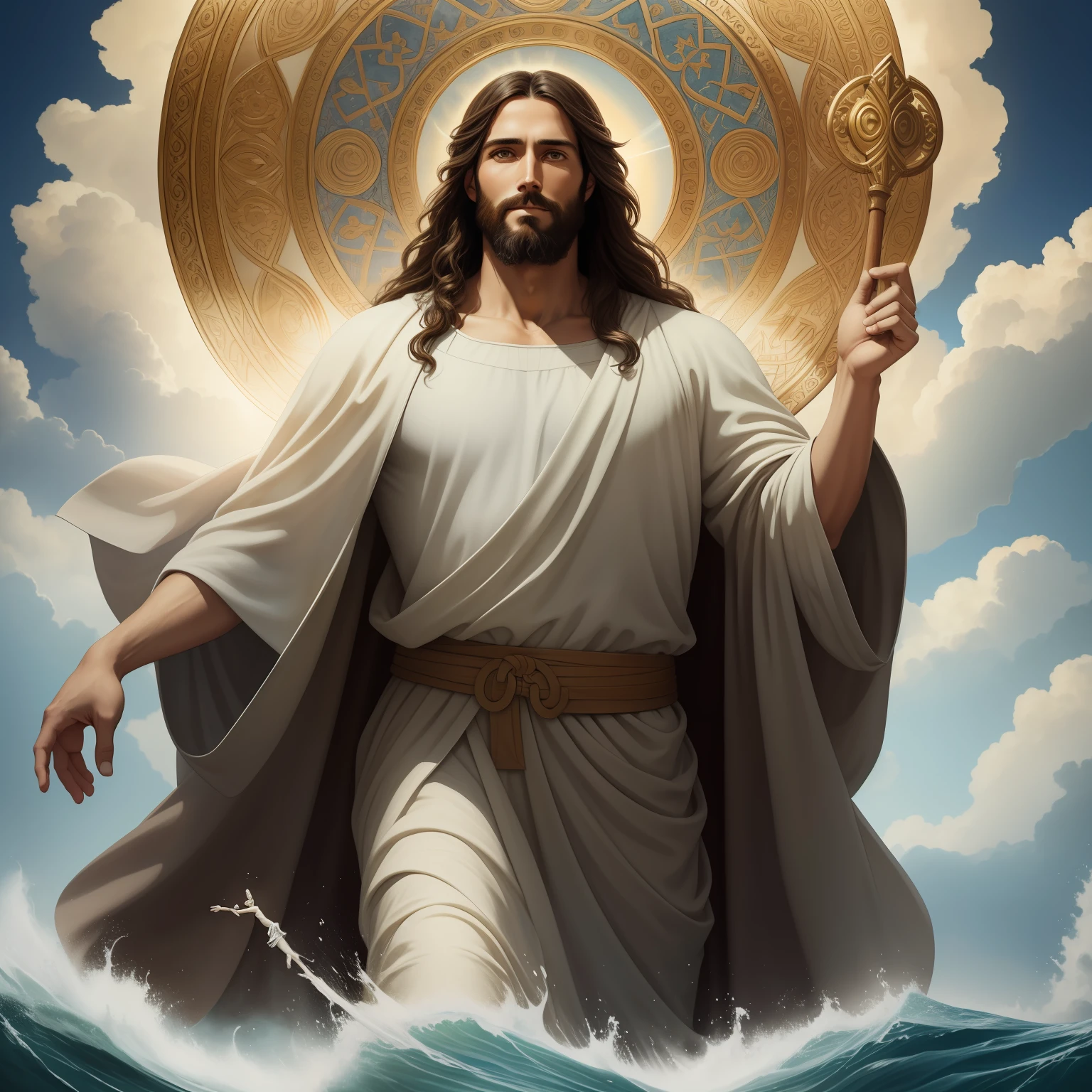 A handsome god Jesus christ ( jesus) blessing to the sky  35 years old with a long brown hair and long beard, healing woman, heaven blessings light with a cross background)  happy face, realistic 8k,A beautiful ultra-thin realistic portrait of Jesus, the prophet, a man 35 years old Hebrew brunette, short brown hair, real perfect eyes, long brown beard, with, Helping People , wearing long linen tunic closed on the chest part, in front view, full body, biblical, realistic,by Diego Velázquez,Peter Paul Rubens,Rembrandt,Alex Ross,8k, Concept Art, PhotoRealistic, Realistic,  Illustration, Oil Painting, Surrealism, HyperRealistic, helping people , Digital art, style, watercolorReal Jesus flying on sky with a flying cloud in the background, Jesus walking on water, biblical illustration, epic biblical representation, forcing him to flee, coming out of the ocean, ! holding in hand!, disembarking, god of the ocean, beautiful representation, 8k 3D Model, realistic,
a 3D Realistic of jesus with a halo in the sky, jesus christ, smiling in heaven, portrait of jesus christ, jesus face, 35 young almighty god, portrait of a heavenly god, greg olsen, gigachad jesus, jesus of nazareth, jesus, the face of god, god looking at me, he is greeting you warmly, he is happy, avatar image