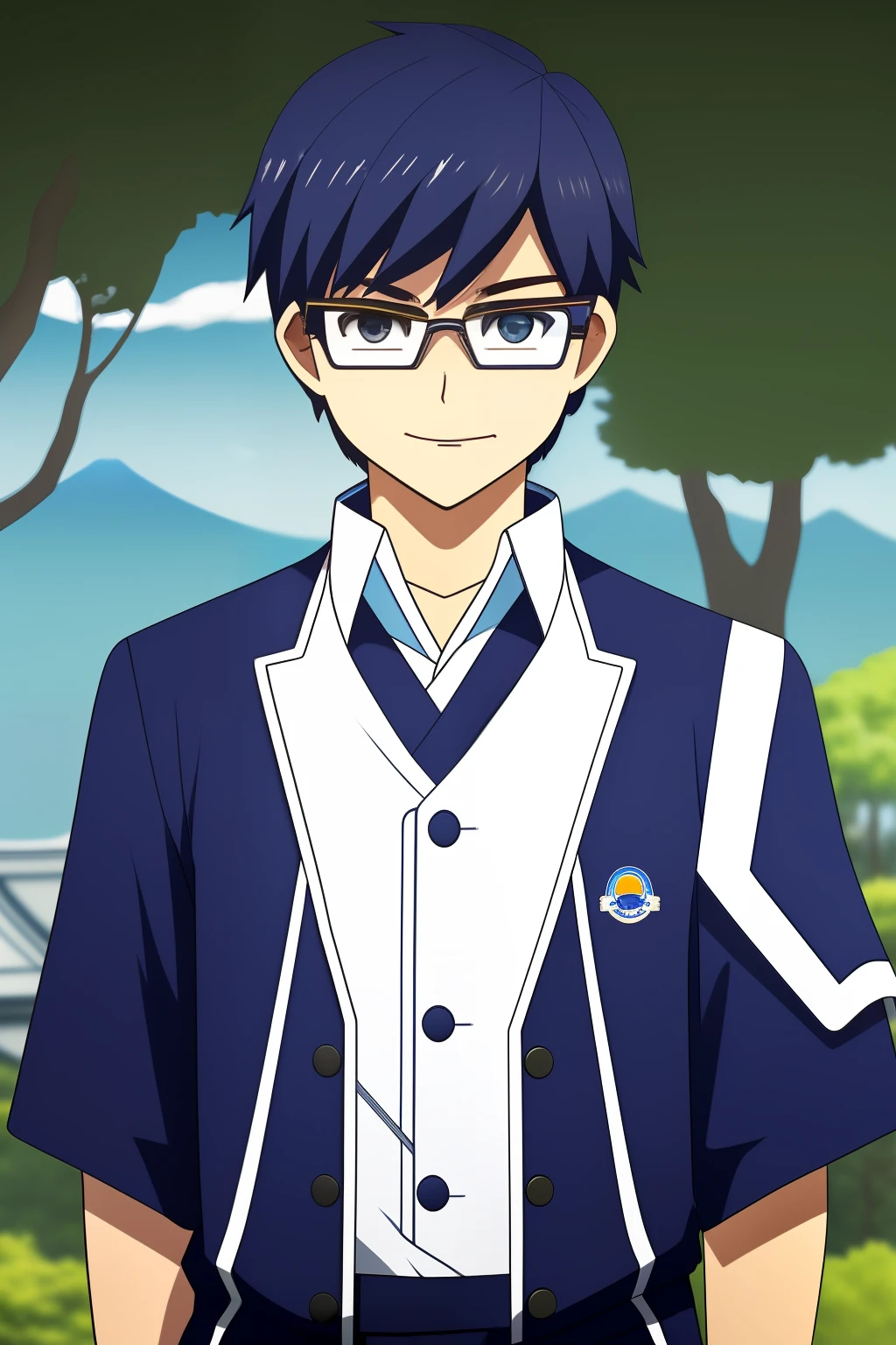(((Three-dimensional and detailed 2D images))), youthfulness、placid、kindness、Youth Boys、eye glass、short-haired、Japan Uniform、Innovative game style、One-man position、Good image quality、Nervous details、Dark blue uniform、Blue badge。Laughing。