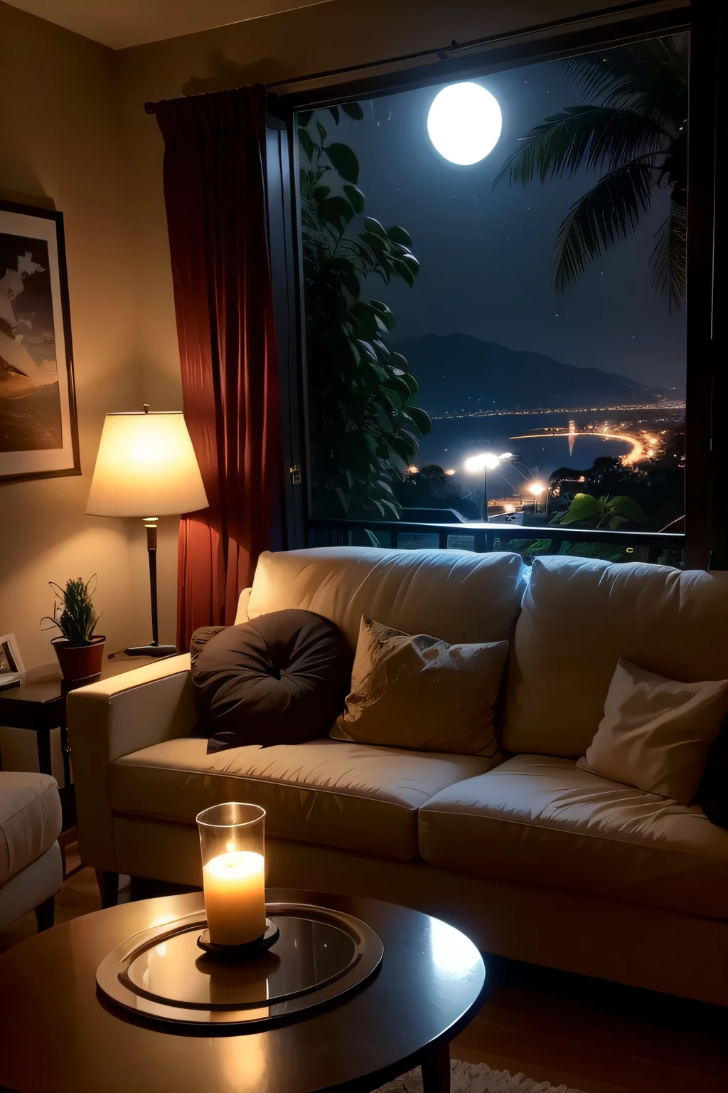 dimly lit mid-century modern living room with dark, rainy night outside, (noite chuvosa e nebulosa: 1.2), Pacific Northwest, (dim lighting: 1.4), (dim lighting: 1.2), plantas, plantas grandes, chuvosa, monstera, muitas plantas, ( Blurry windows:1.2), obra-prima, melhor qualidade, hora crepuscular, (noite:1.4), noite chuvosa, after sunset, Luz de uma vela