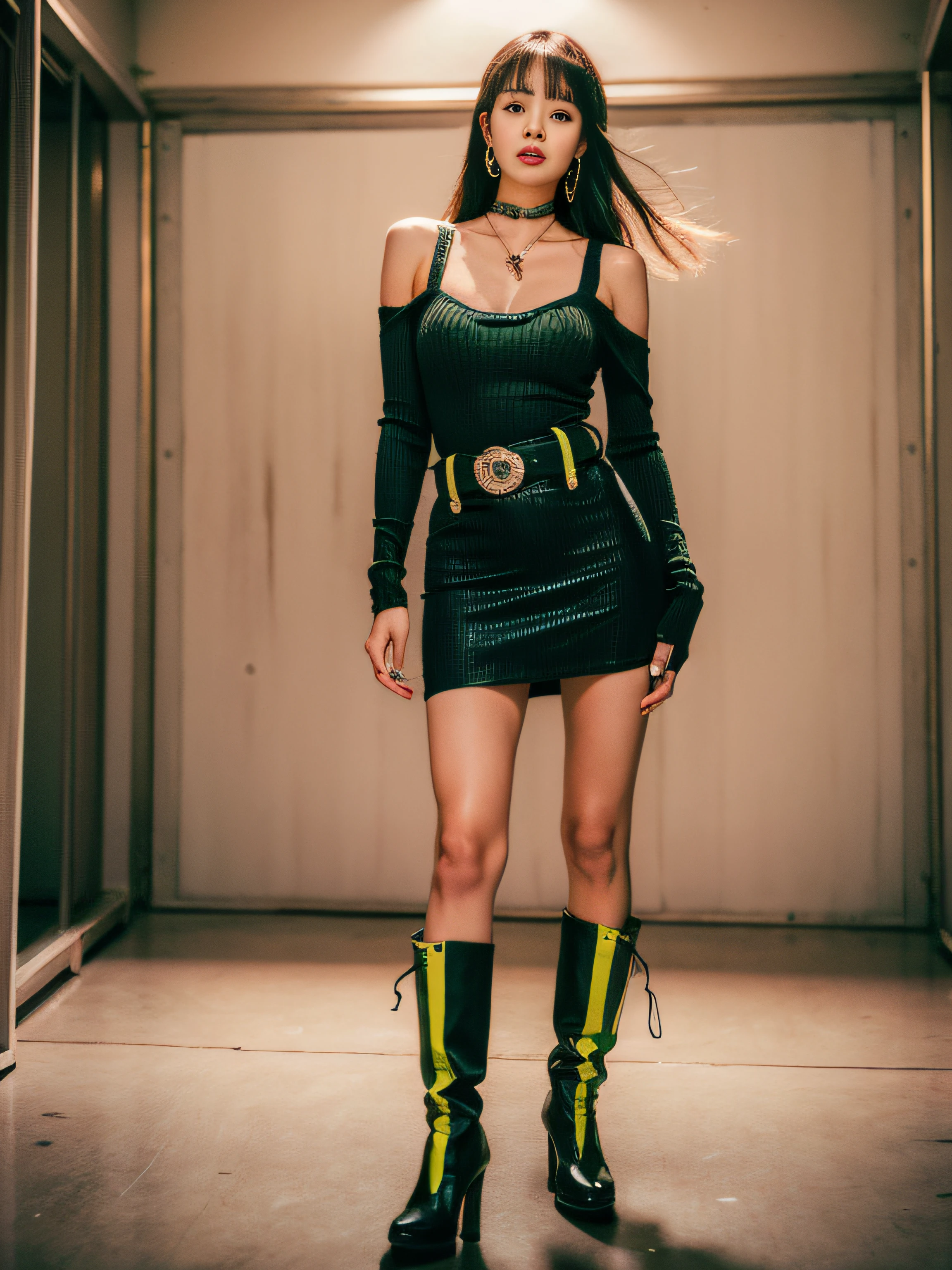 Lisa long hair, Lisa face shape, black suspender undershirt (long sleeves, bare shoulders, open waist), white miniskirt, belt at waist, light green high boots, sexy, open waist, long legs, rich details, masterpiece, superlative, realistic, HD, photographic lighting, 16k
