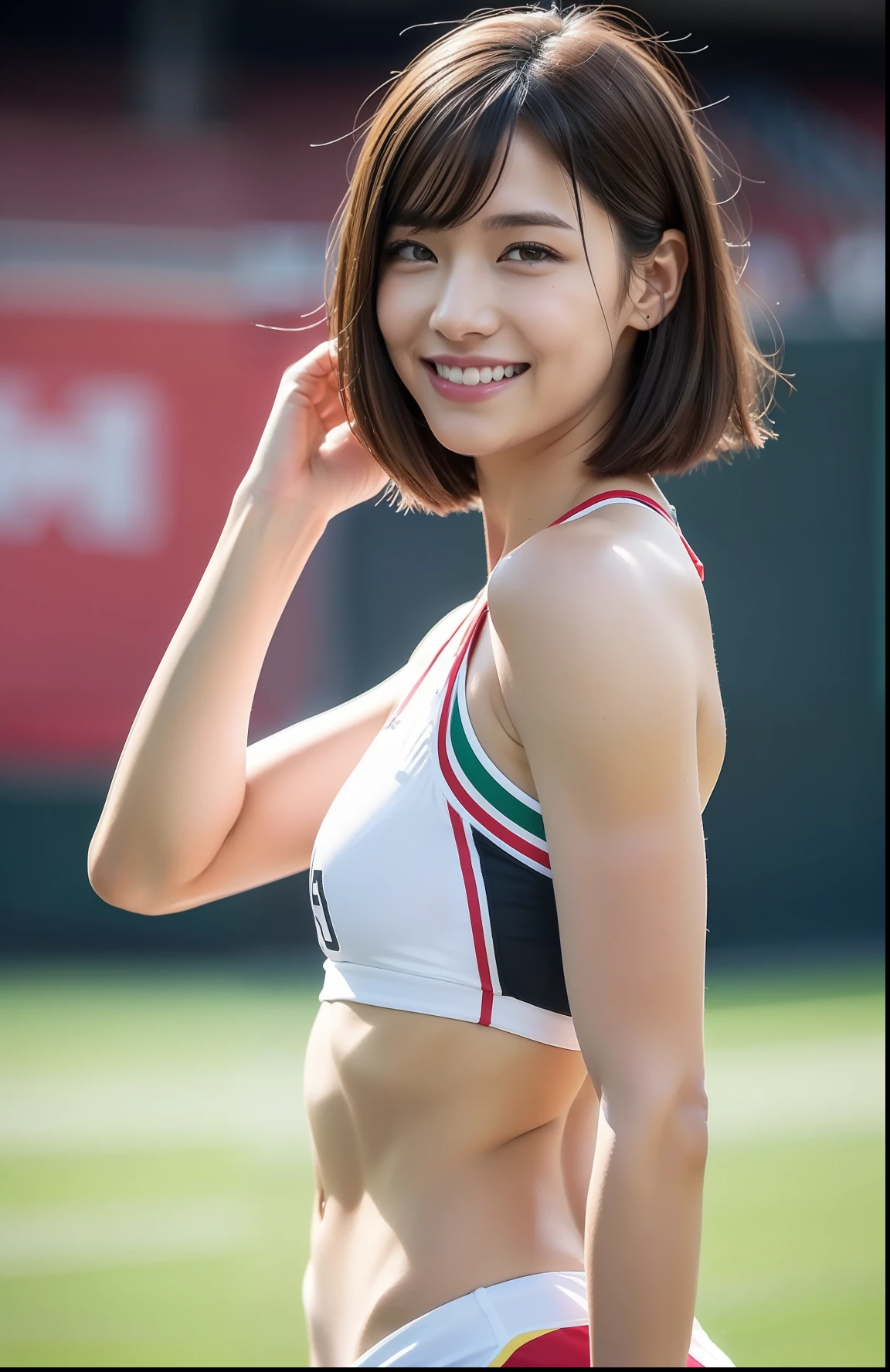 (((full bodyesbian)))、Rear view、japanese beauty girl、((Short-cut hairstyles))、Perfect style、track and field uniform、beauty legs、kawaii、((Track & Field Athletes Women))、(((1人)))、((stadium))、Transcendent cute、A slight smil、Beautiful breasts、full bodyesbian、athletic field、((Outstanding style))、((Healthy body))、 Photorealsitic、Beautiful detailed eyes、Hyper-Realism、highcontrast、Ultra HD、realistic skin textures、Top image quality、top-quality、超A high resolution、Fine details、Very meticulously