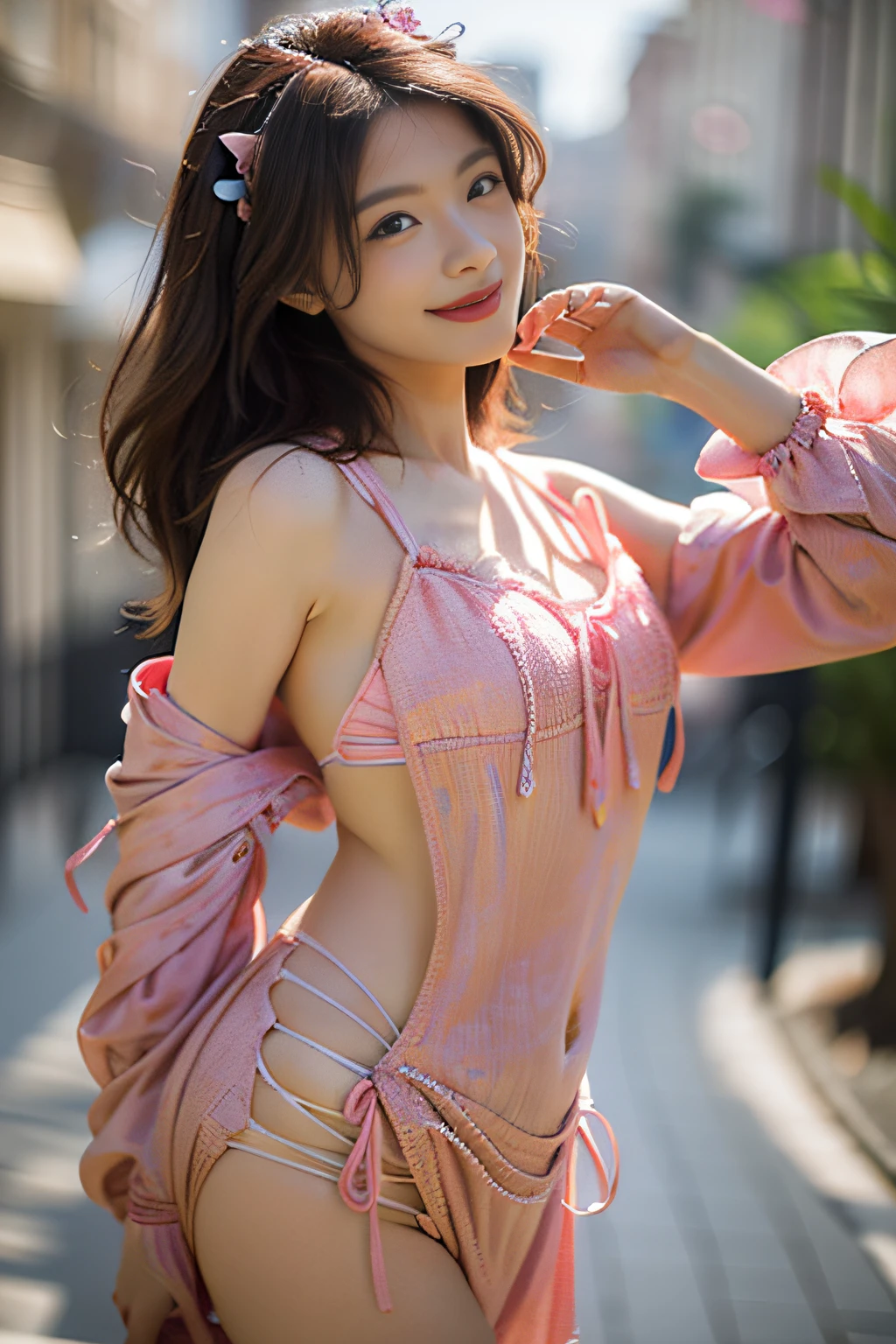 "(Fotorealismo, quarto rosa, garota encantadora, saia rosa, radiant expression, corpo detalhado, sorriso deslumbrante, seios perfeitamente modelados)"