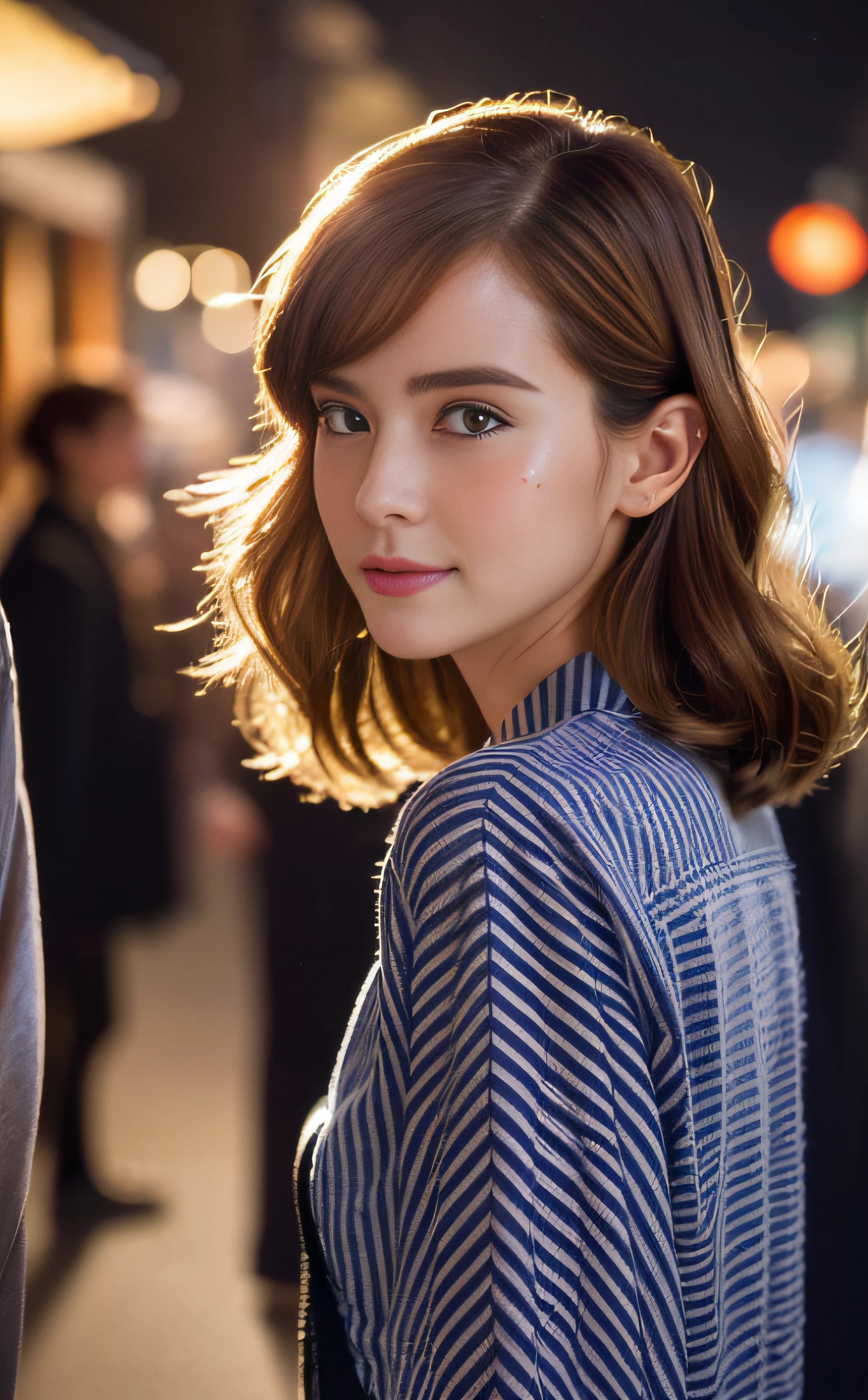 ((top-quality、8K、masuter piece:1.3))、Cinematic tones、fish-eye lens、Wide View、Yukata with Japan pattern、24-year-old beauty in yukata:1.20、Alley lined with lanterns、(Highlight Haircuts)、(((Back lighting)))、Influencer、Bustling street、full body Esbian、女の子1人、Hungarian、bule、shinny detailed skin、hyperdetailed face、A detailed eye、二重まぶた、full body Esbian、Brown hair、