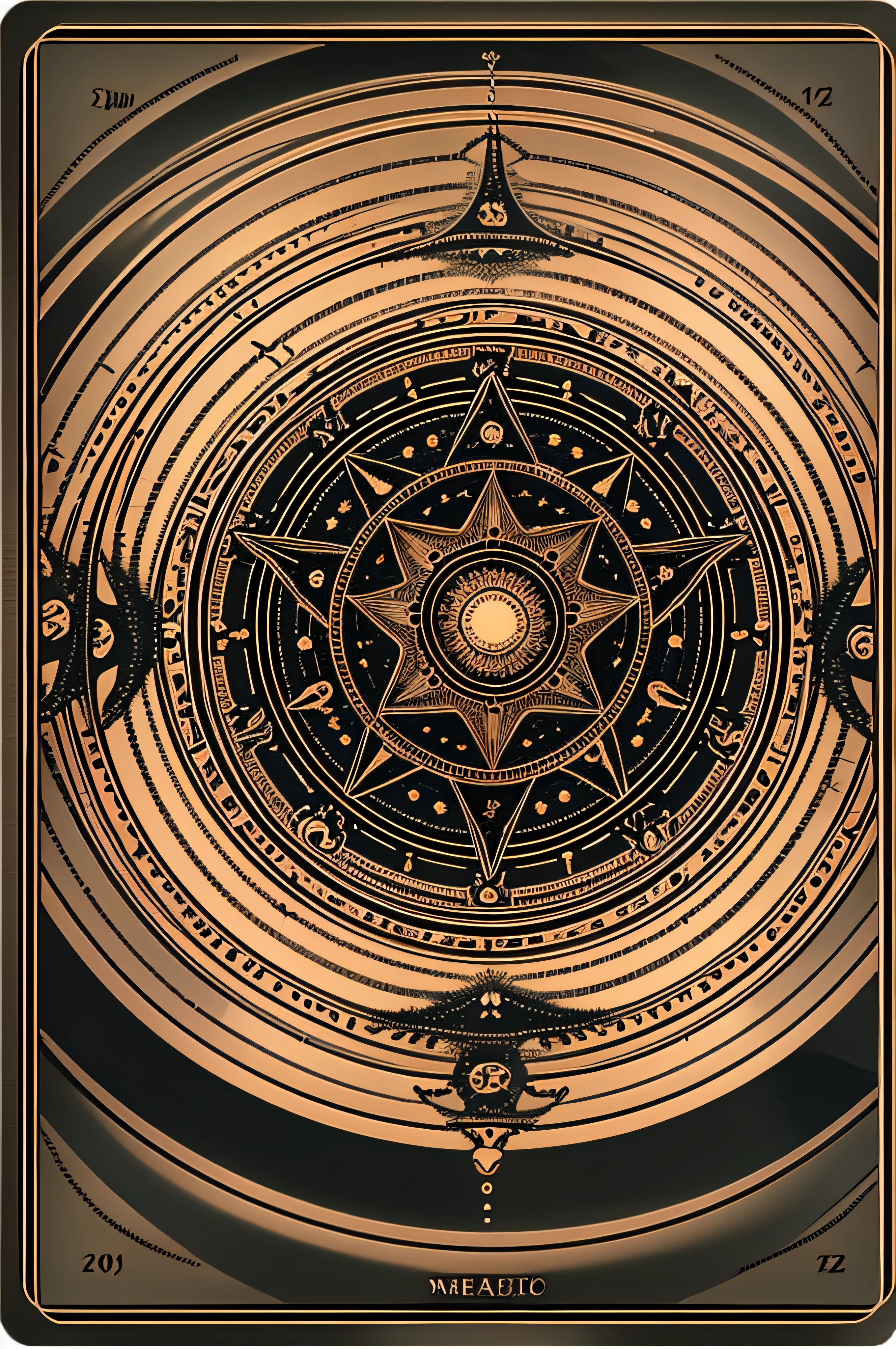masterpiece, melhor qualidade, magic circle with a five-pointed star in the center, simetria, right proportions, horoscope, estrela (sinal), Tarot cards, fundo escuro, zodiacStyle, Fibonacci fractal, geometric design