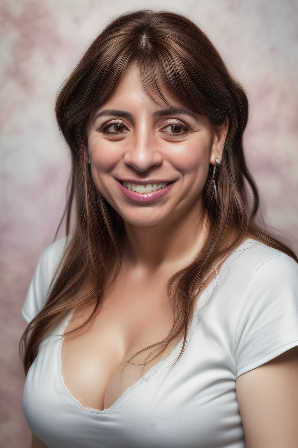 ((best image quality, 8k, tmasterpiece:1.3)) uruguayan woman 35 years old, brown hair, brown eyes, pale skin, latin and ugly face, overweighted, small boobs, happy face, t shirt showing sexy cleavage, full body