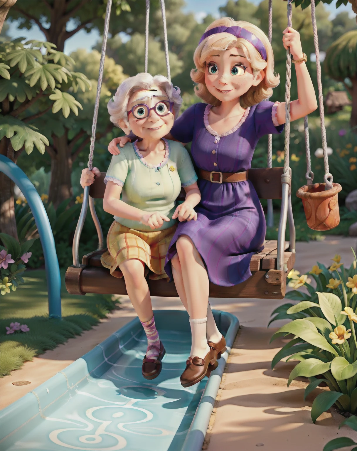 "Grandma and Mom dive into the Enchanted Land of Childhood, where swings whisper secrets and slides are brave paths."