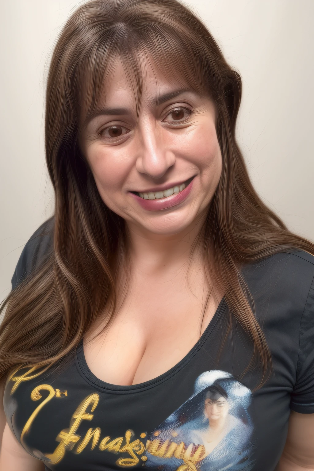 ((best image quality, 8k, tmasterpiece:1.3)) uruguayan woman 35 years old, brown hair, brown eyes, pale skin, latin and ugly face, overweighted, small boobs, happy face, t shirt showing sexy cleavage, full body