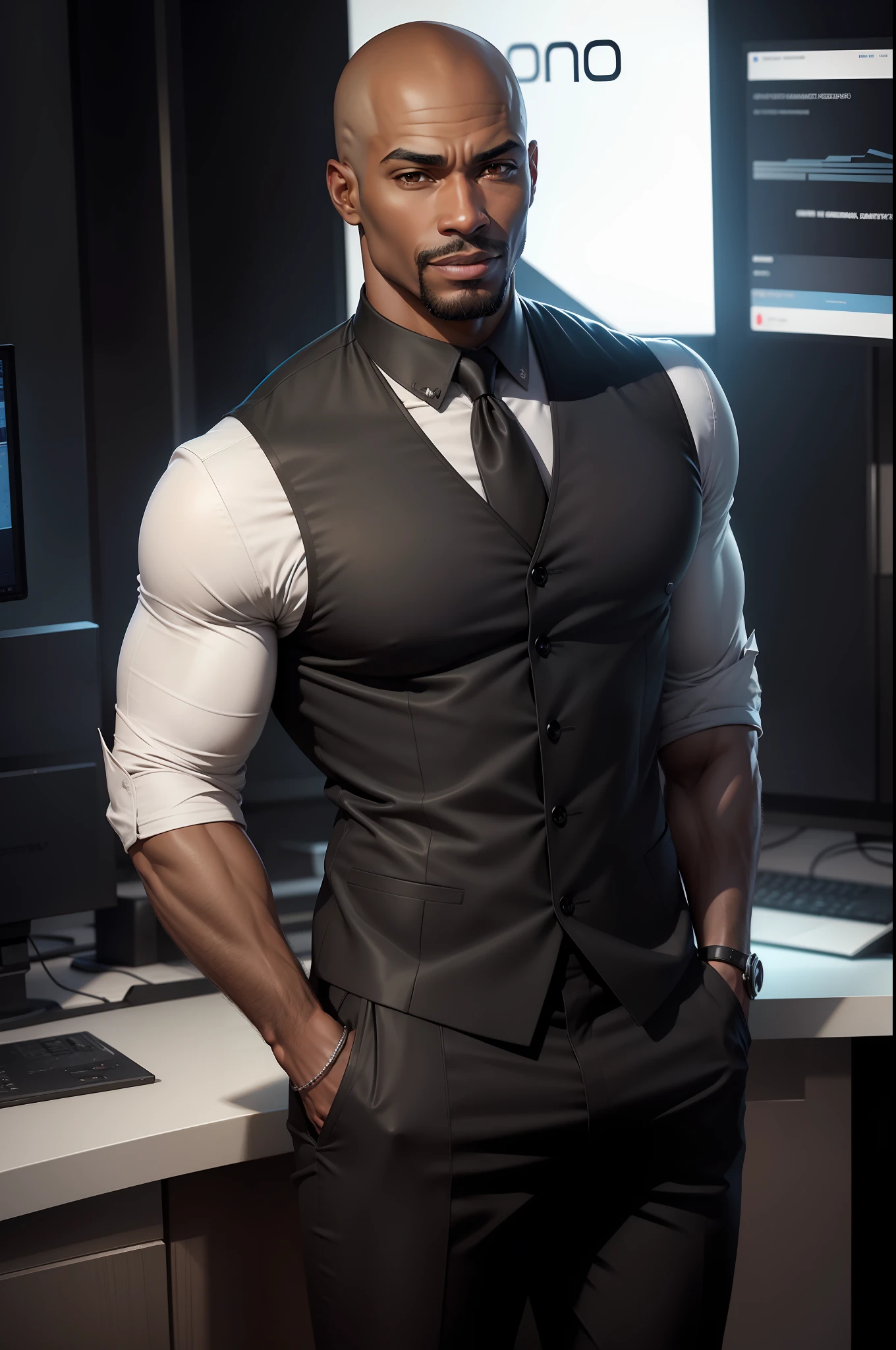 Ultra Realism, (Best Quality, Excellent Quality), Black Men Bald, Facial Expression With Slight Smile, Front Pose, News Announcer Style, Casual Dress.