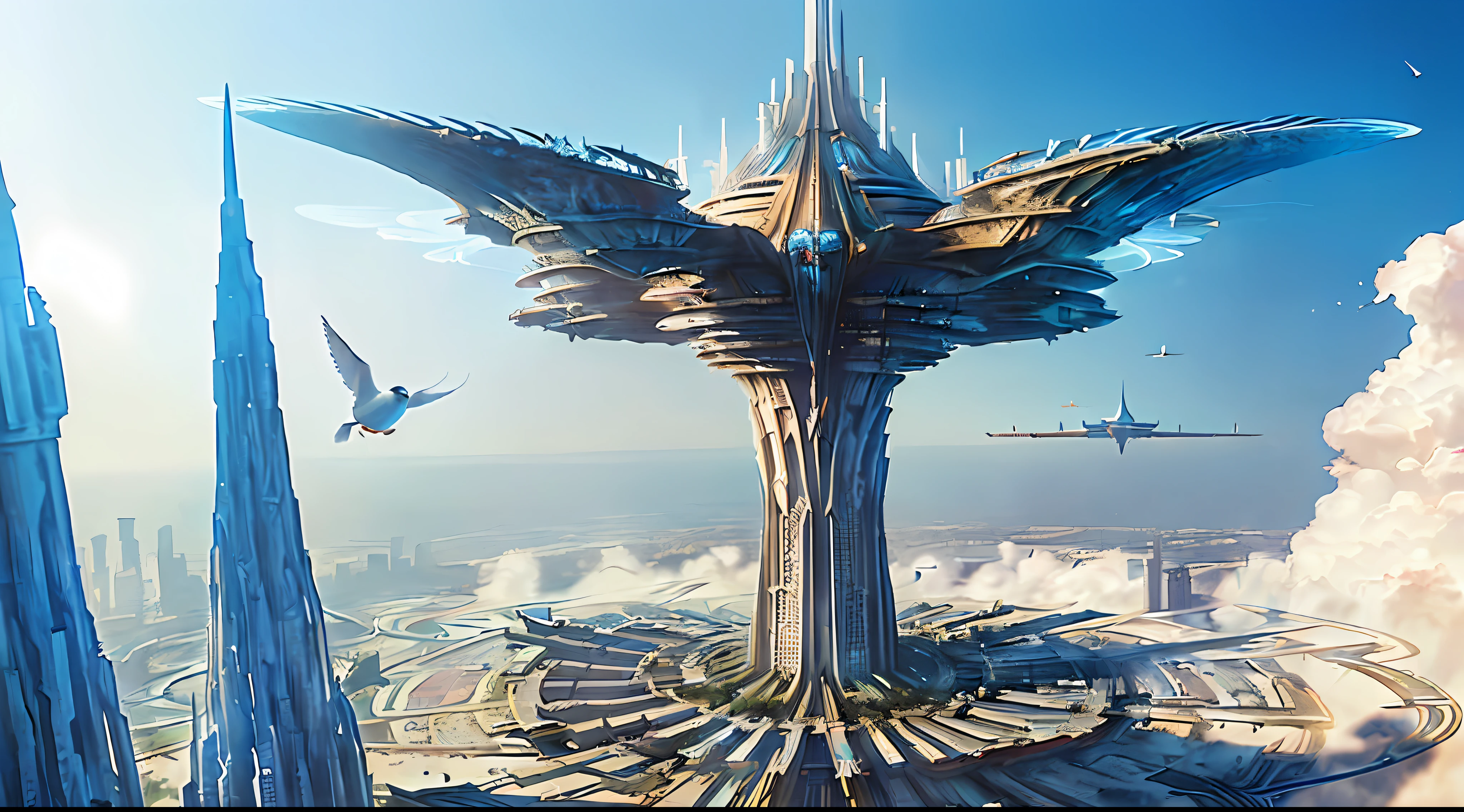 bird's eyes view，(sky cities），Giant towers and ring-shaped stacked buildings at the top of the city，There are many arches and bridges，and the sci-fi crystal cathedral with flying buttresses，waterfallr，Many ships，Matte painting by James Gurney，Trends on CGSociety，Supersaturation，Super sharp，Ultra-realistic