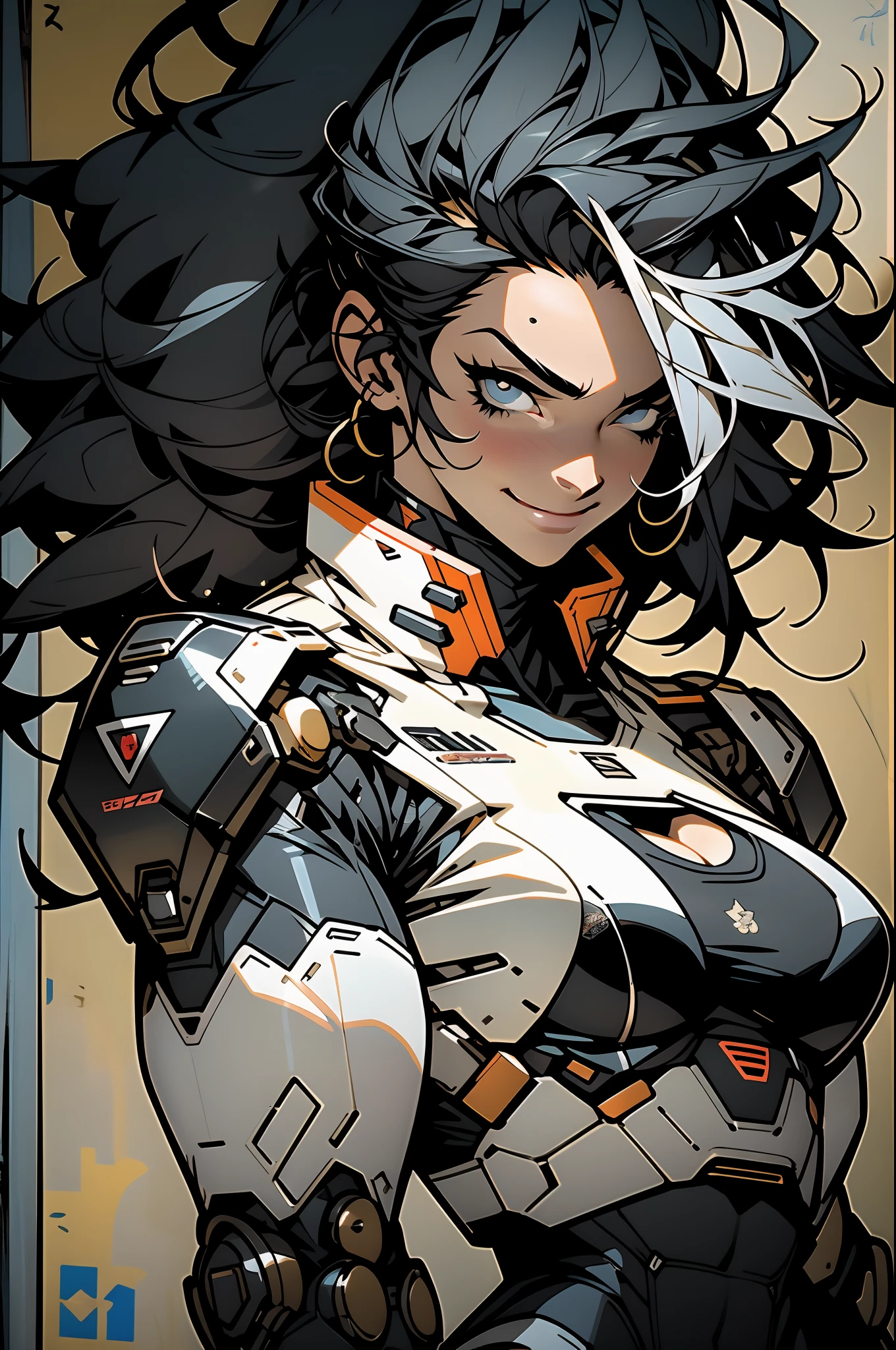 (((tmasterpiece))), ((((best qualtiy)))), (((absurderes))), Muscular 35-year-old adult female,Wearing robot armor,big cleavage breasts,sexyposture,Black Mohawk hair and white hair,Proportional body,full bodyesbian,big breasts beautiful,Naughty smile,Military installations