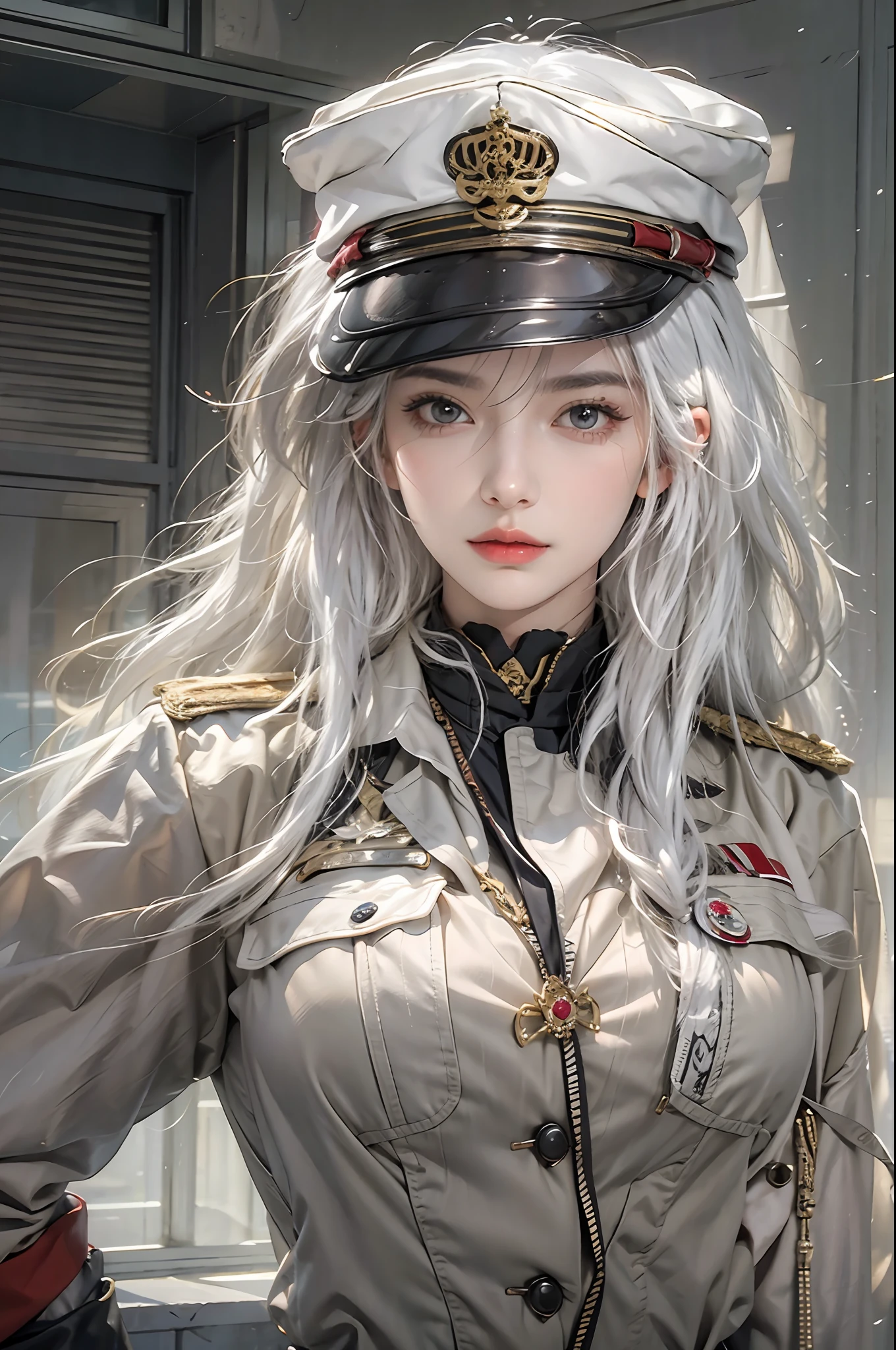 photorealistic, high resolution, 1women, solo, hips up, look at viewer, (detailed face), white hair, long hair, military uniform, jewelry