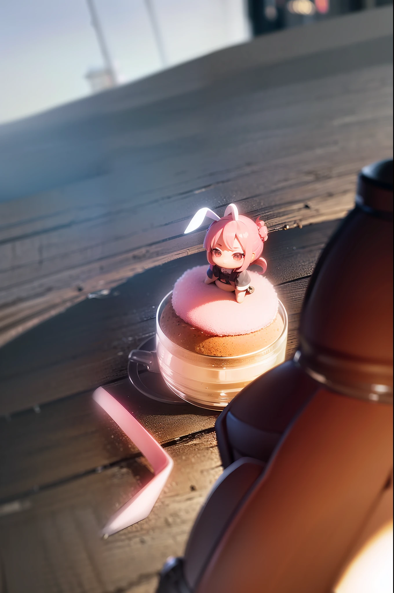 chibi, girls, pink hair, pony tail haircut, bunny ears, landscape, flowers, tea pot, smug, happy, blood, murder scene, legal, elegant, outside, high res, ultrasharp, 8K, masterpiece, cookies, pretty sky