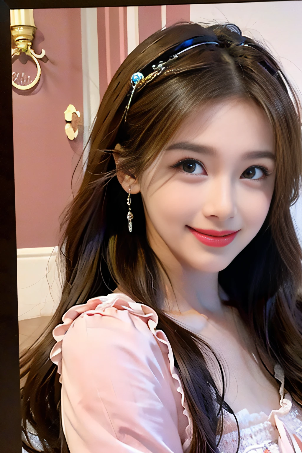 "(Fotorealismo, quarto rosa, garota encantadora, saia rosa, radiant expression, corpo detalhado, sorriso deslumbrante, seios perfeitamente modelados)"