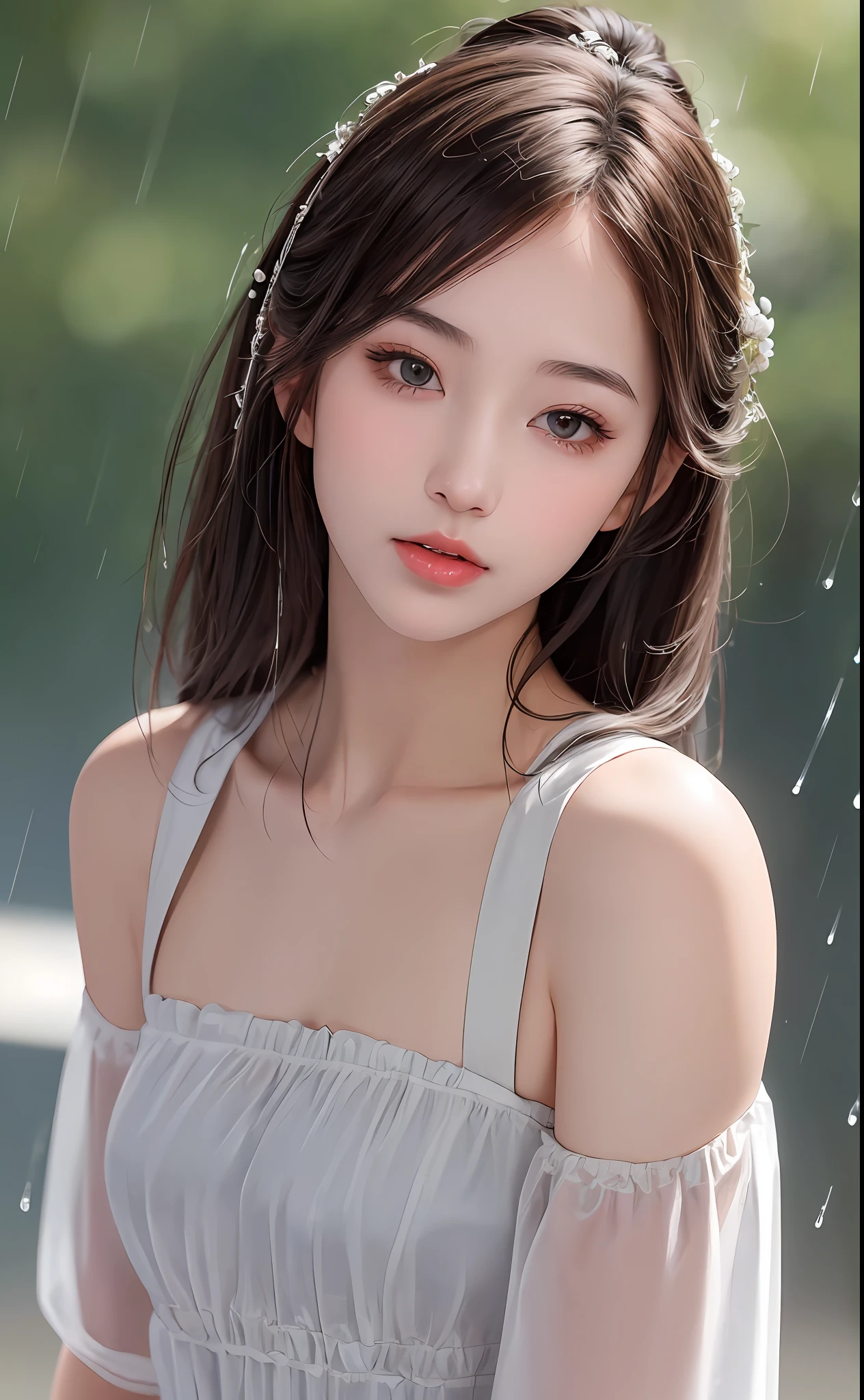 ((best qualtiy, 8k, tmasterpiece:1.3)), Focus:1.2, perfect figure beautiful woman:1.4, Cocked buttocks:1.2, ((Cut hair in layers)), (wetclothes:1.1) , (Rain, Street:1.3), (shift dresses:1.2),Highly detailed facial and skin texture, A detailed eye, 二重まぶた,Whiten skin,long whitr hair,(Keep one's mouth shut:1.5),cropped shoulders,Shoulder close-up,(Bokeh background:1.5),(Sexual infatuation),