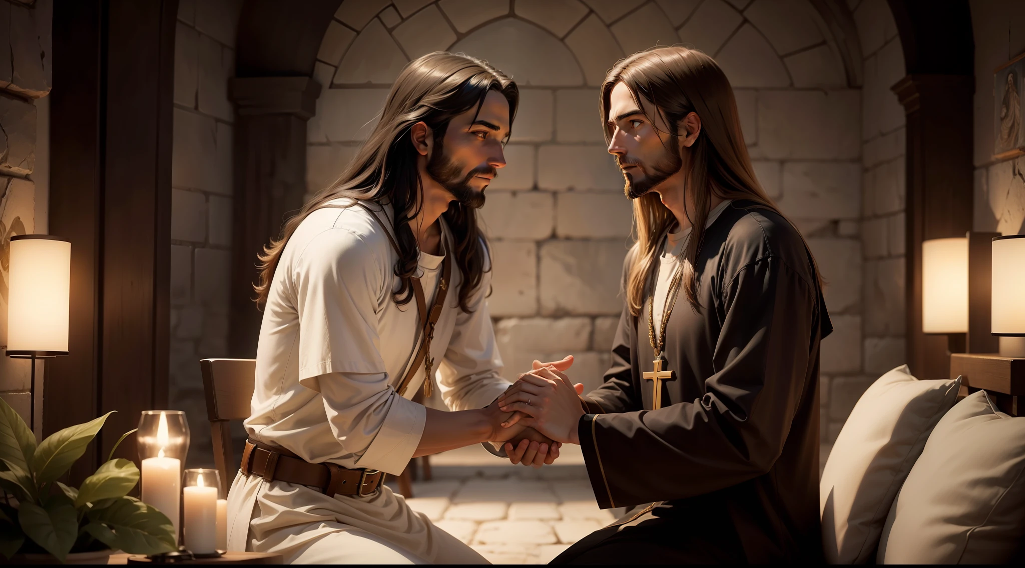 Jesus, depicted with a compassionate expression, engaging in a meaningful conversation with a person in need.