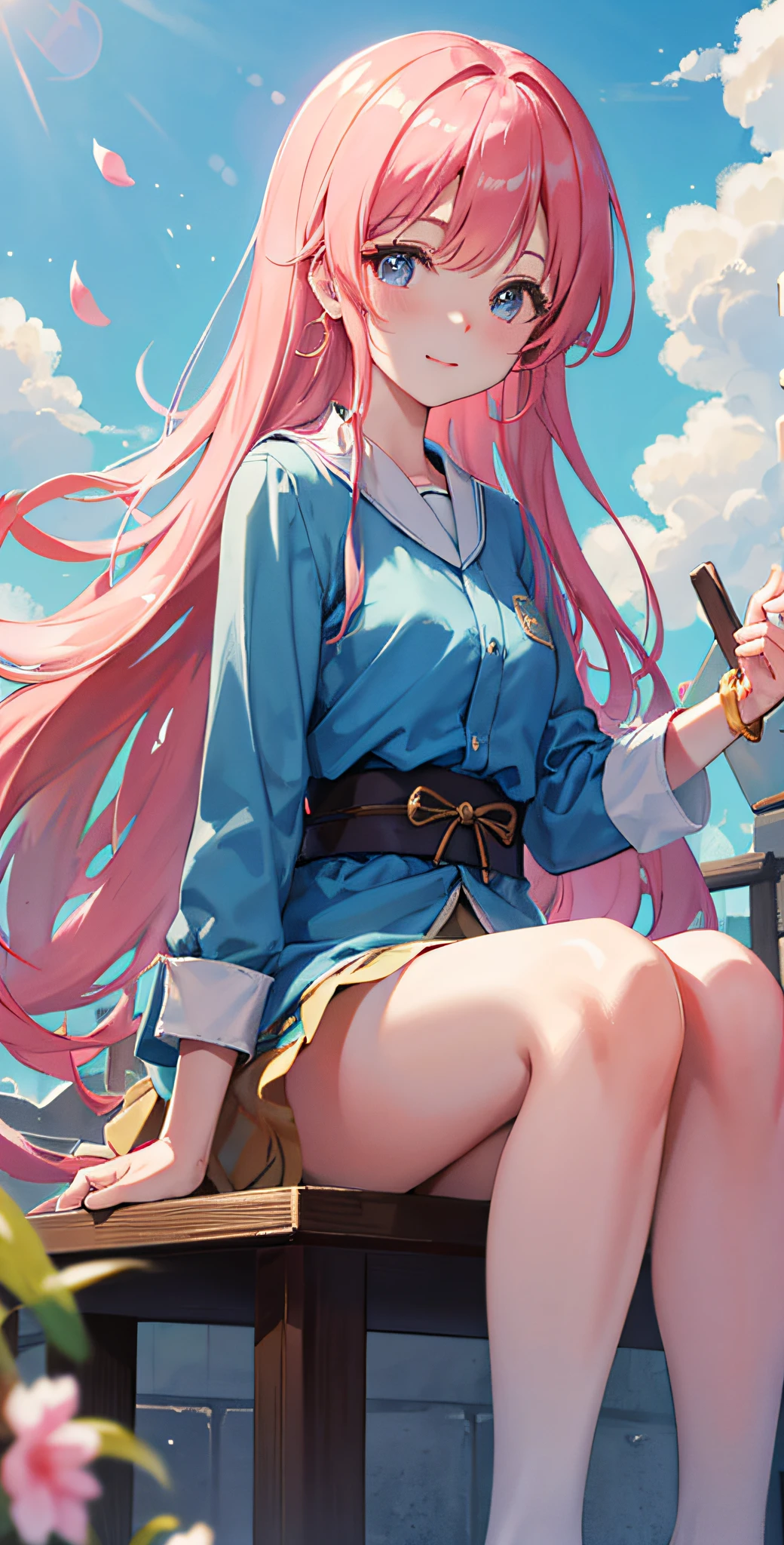 reina hidaka \(denonbu\), (best quality, 8K, masterpiece, ultra detailed:1.2), cinematic angle, day, dappled sunlight, blue sky, beautiful clouds, lens flare, sparkle, light particles, wide shot, 1girl, solo, shirt, bracelet, earring, alley, sitting, slight smile, head tilt, blush, shy, floating petals, floating hair, wind, from below,