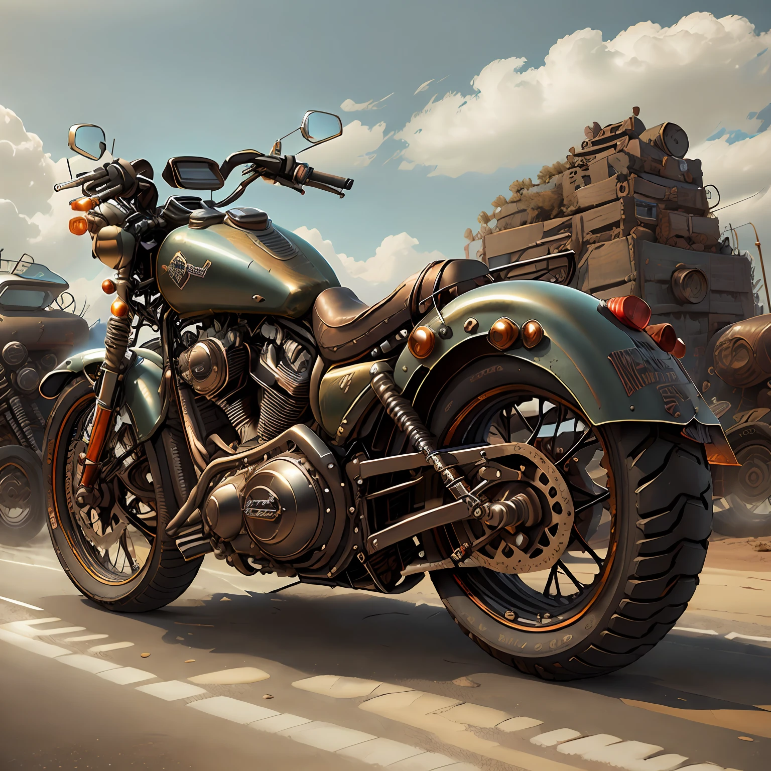 Harley-Davidson Estrada Desliza: A touring motorcycle with a characteristic double windshield,(total view) ,Mad Max Cogpunkai ,Cores 64 k, (Dourada ouro),4D ,rota 66