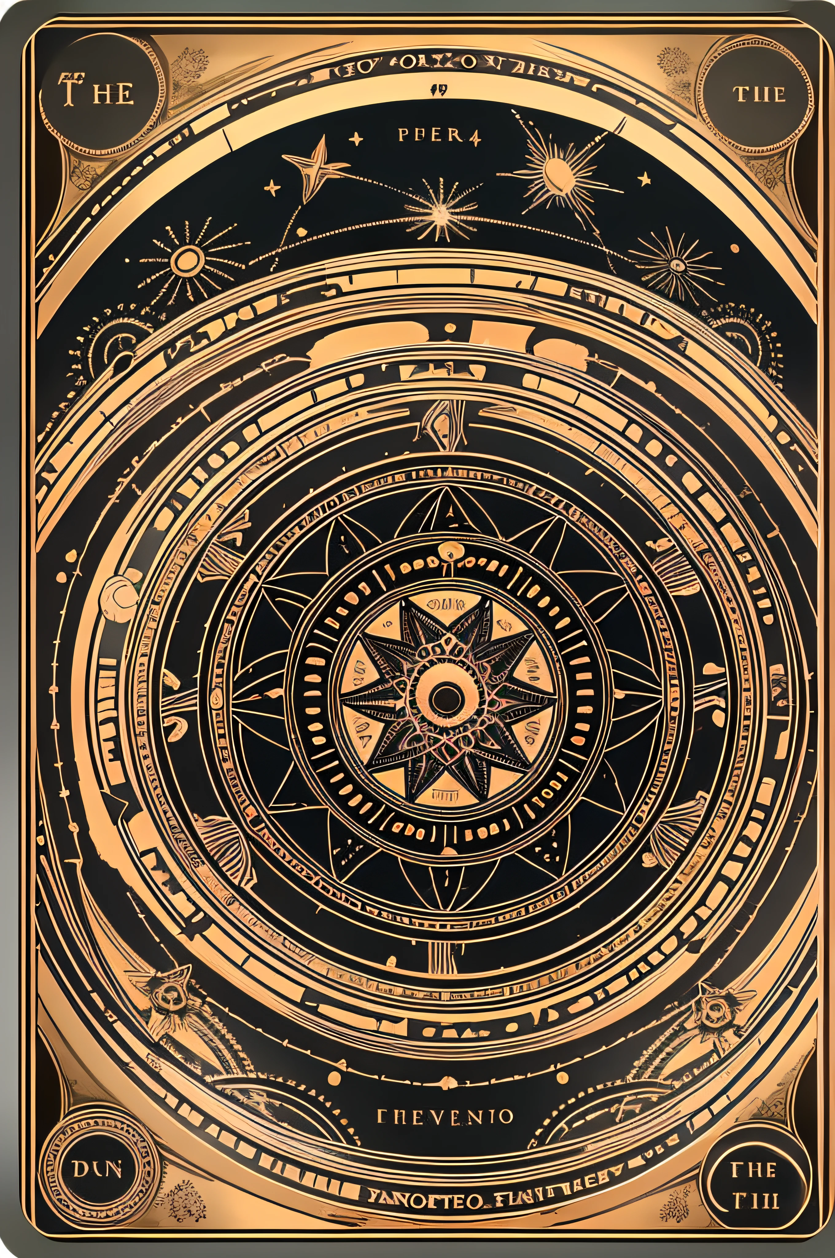 masterpiece, melhor qualidade, magic circle with a five-pointed star in the center, simetria, right proportions, horoscope, estrela (sinal), Tarot cards, fundo escuro, zodiacStyle, Fibonacci fractal, geometric design