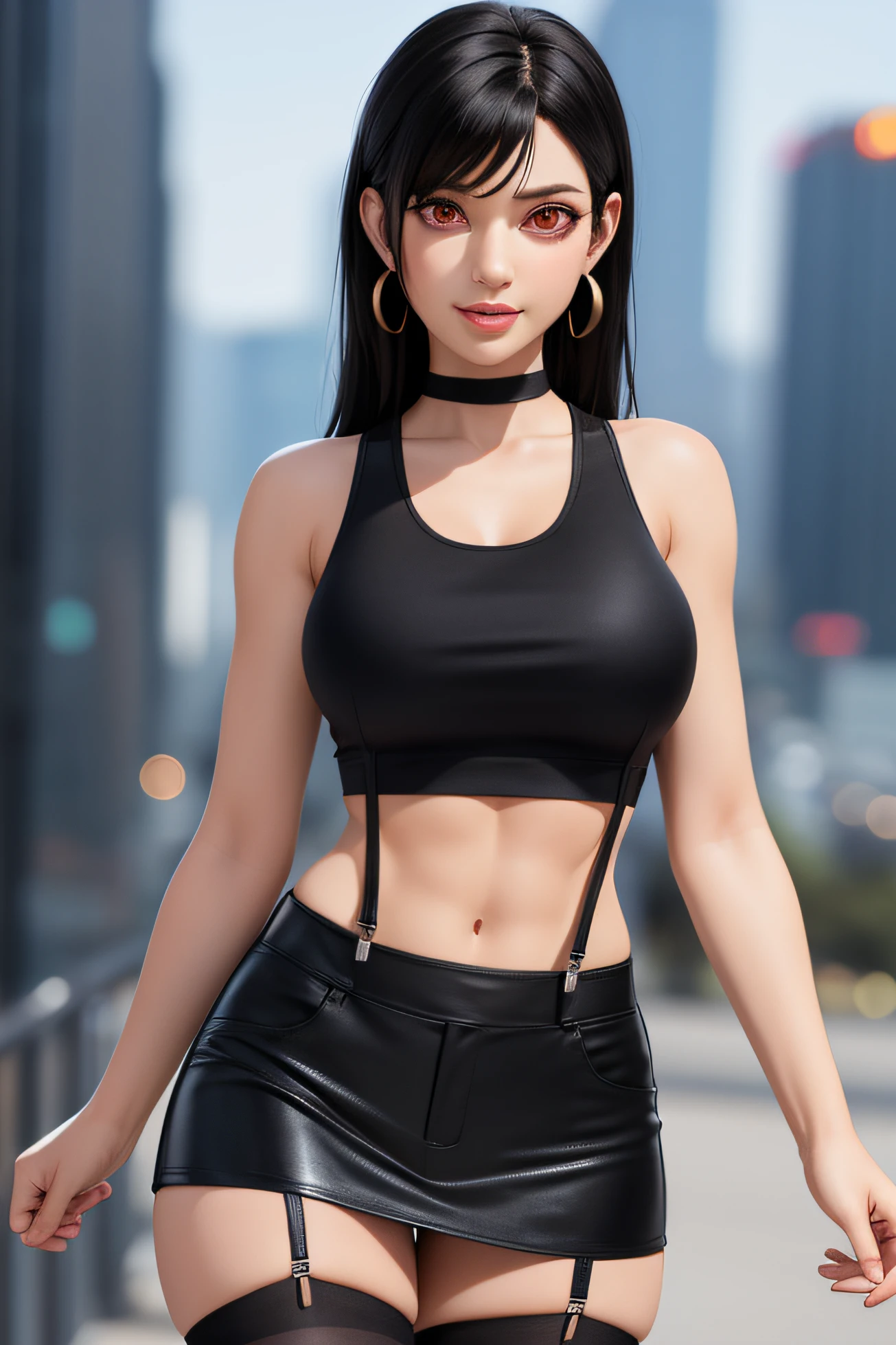 masterpiece, best quality,3d rending work ,3DMM style,close-up, 3D,1girl, solo, black hair, teardropshaped earrings, realistic, upper body, urban city background, bangs, long straight black hair, parted lips, choker, makeup, (white tank top:1.3), (red eyes:1.3) tifa lockhart, (perky breasts:1.5) cleavage, exposed stomach, toned abs, toned arms, (black miniskirt1.2) suspenders, stockings