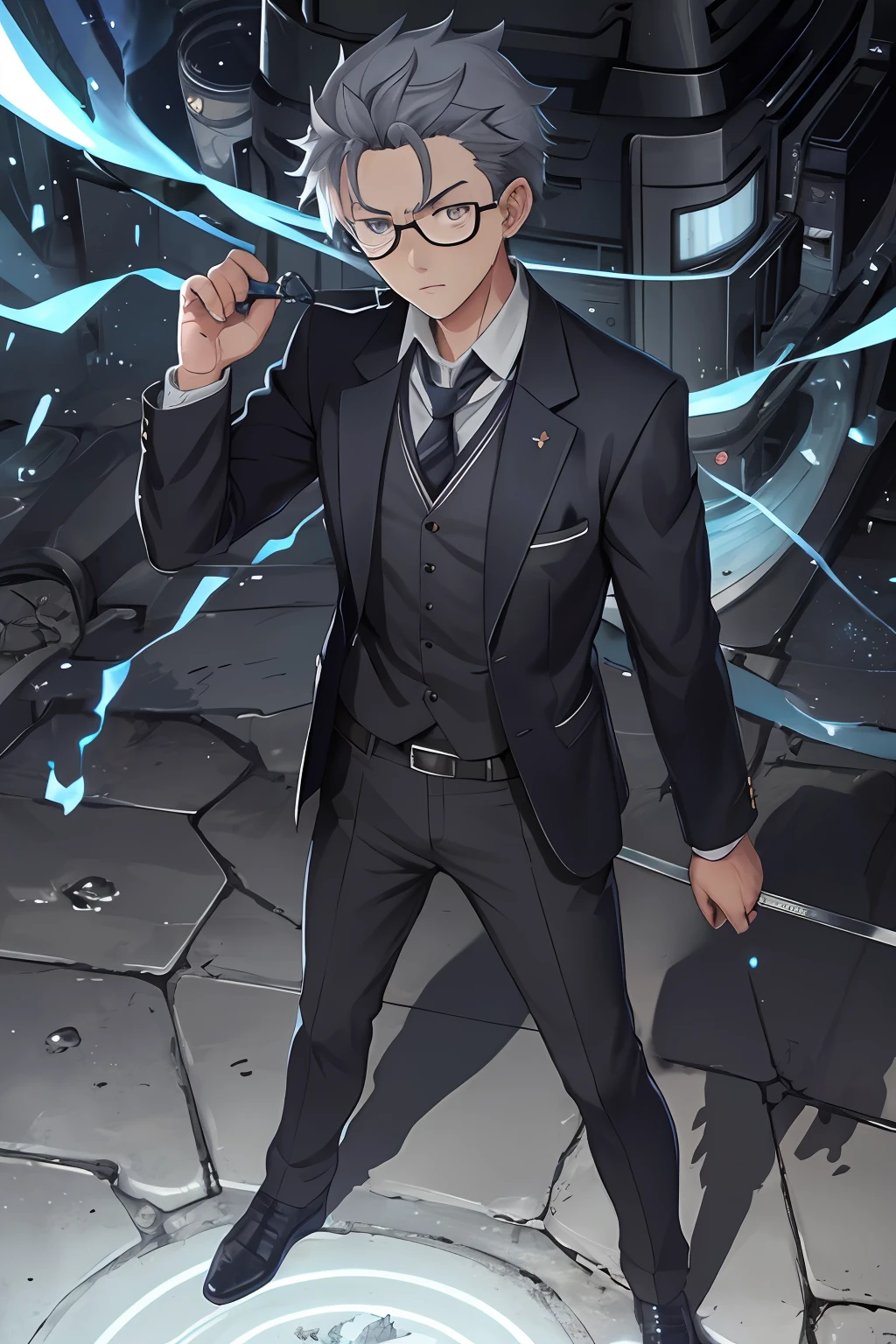 (1 male),
A high resolution,
Sharply focused work,
Pixiv theme,
The is very detailed,
Natsuki Subaru style,
Male character,
Lazy and tired image,
Full body screen,
Blue glowing eyes,
Short gray hair,
White color blouse,
The tie is knotted,
Wear a belt,
Sweating effect,
Bottom angle lens。
