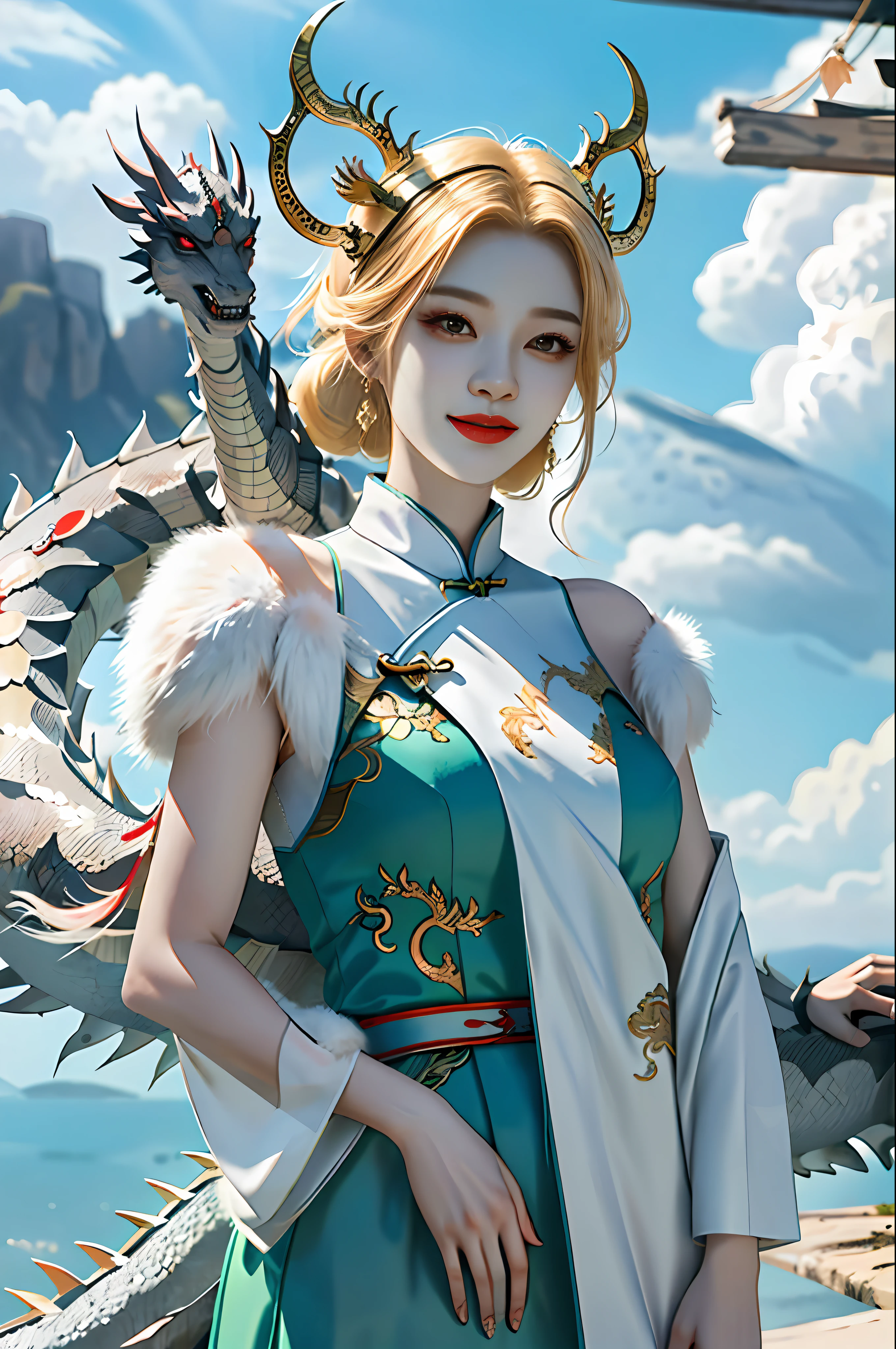 masterpiece, best quality, making friends with the Chinese dragon, fun, happy, bright, loong,