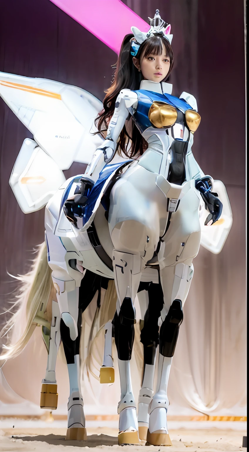 A female centaur,She is famous in the multiverse,She is both a female centaur, half human, half horse, half horse,It is also a female Yingzhao。She blends both images,The first is the head of a horse/neck/Shoulder these parts,After feminization,The upper body transforms into a beautiful female human,Female, half-centaur, half-human, half-horse, half-human,The second is the waist of the horse/hason/gluteal/Legs feminine,Female half-horse with beautiful woman's,Chimer,It's like a female human wearing a half-horse-like costume and making a seamless chimera,This chimerization is based on powerful futuristic technology。The ultra-wide-angle lens captures the image of her sleek and ethereal wings charging and leaping on the ionosphere。Her front half is distinctly feminine,Tall sexy body,Has K cup teardrop-shaped giant tit chest,It has a small man's waist butterfly spanning long legs,The half-horse part of the hind body,Embedded interface in the front half of the body hip position。The horse-shaped, half-horse torso form of her back body is completely female and humanized。A sexy bent dog-style shaped ribcage embedded in the lower back position of the beautiful woman's body from the upper end of the sternum/lower back/Ventral transverse。Then there are the sexy beauty's upright hips,Her entire body has been completely feminized,Including the half-horse part。Mechanized armor covers the legs with knee-shaped anti-joints and feet,And these parts are highly anthropomorphic,This makes her legs graceful and slender,Her four horse legs exploded in length proportions and was slender and toned,Under the legs are skinny white feet dressed in Skyscraper Heels,Use Midjourney's advanced stroke tools and color palettes, as well as texture packs, model packs, and texture tools,Concentration,Femaleize all parts of her original equine physiologic appearance,And give these parts an ergonomic appearance,Fine treatment of the thoracic and abdominal cavity of the posterior body,As well as hips and