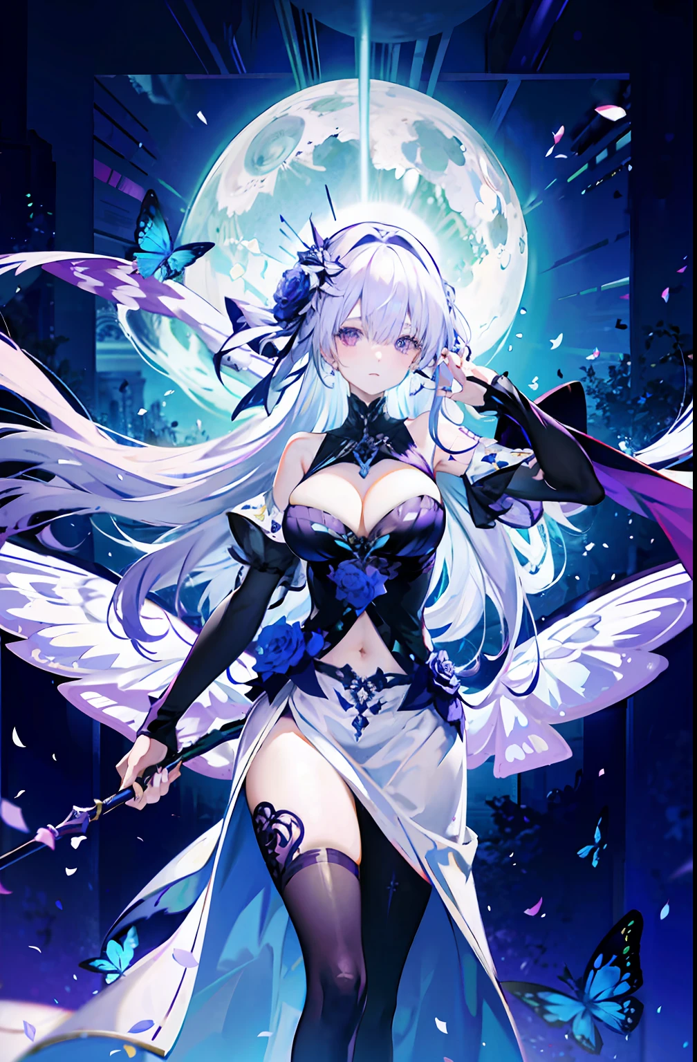 silber hair,butterflys,long whitr hair,8k wallpaper,detailedbackground,Highest high resolution,deep v big breasts,Hair covers one eye,Bandeau,Church background,Purple roses,tight-fitting,themoon,