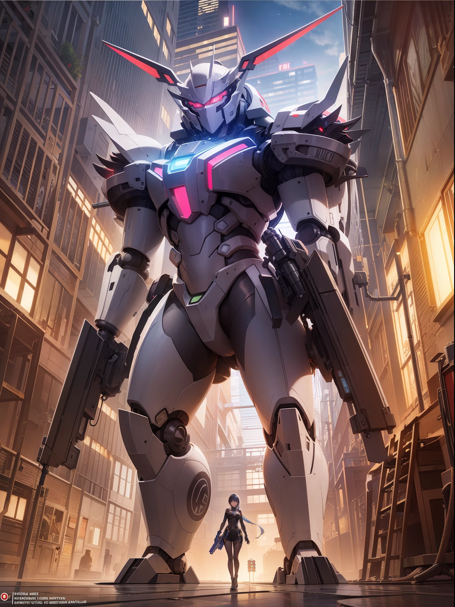 ((masterpiece, best quality)),illustration,ultra detailed 8k,photorealistic,sharp focus,highly detailed,professional lighting,colorful details,iridescent colors BREAK extreme long shot of a factory,large mechanical robot construction,microchip,computer,glowing,intricate details,shitu-mecha,1girl is standing in front of the audience,Navel