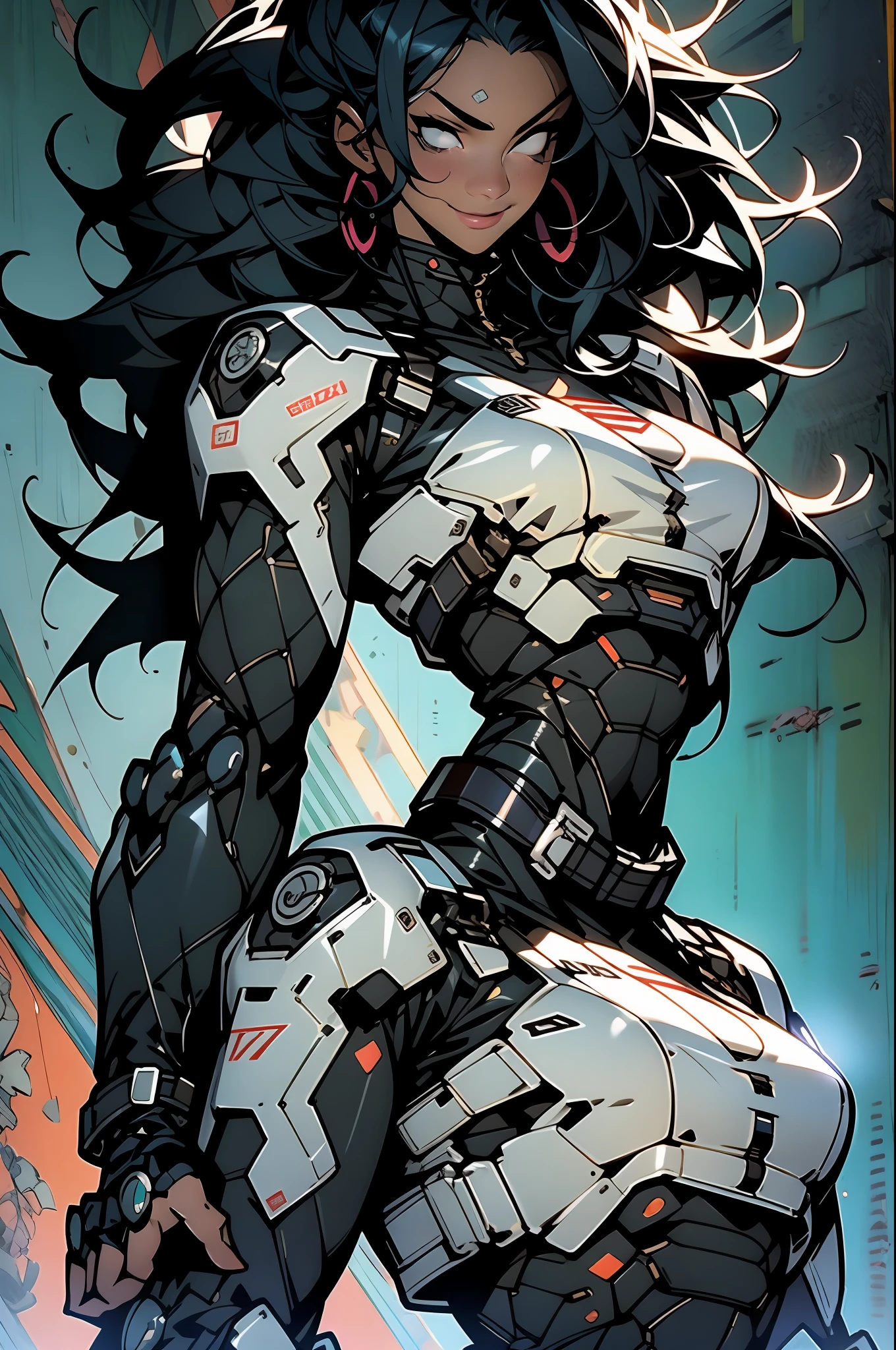 (((tmasterpiece))), ((((best qualtiy)))), (((absurderes))), Muscular 35-year-old adult female,Wearing robot armor,big cleavage breasts,sexyposture,Black Mohawk hair and white hair,Proportional body,full bodyesbian,big breasts beautiful,Naughty smile,Military installations