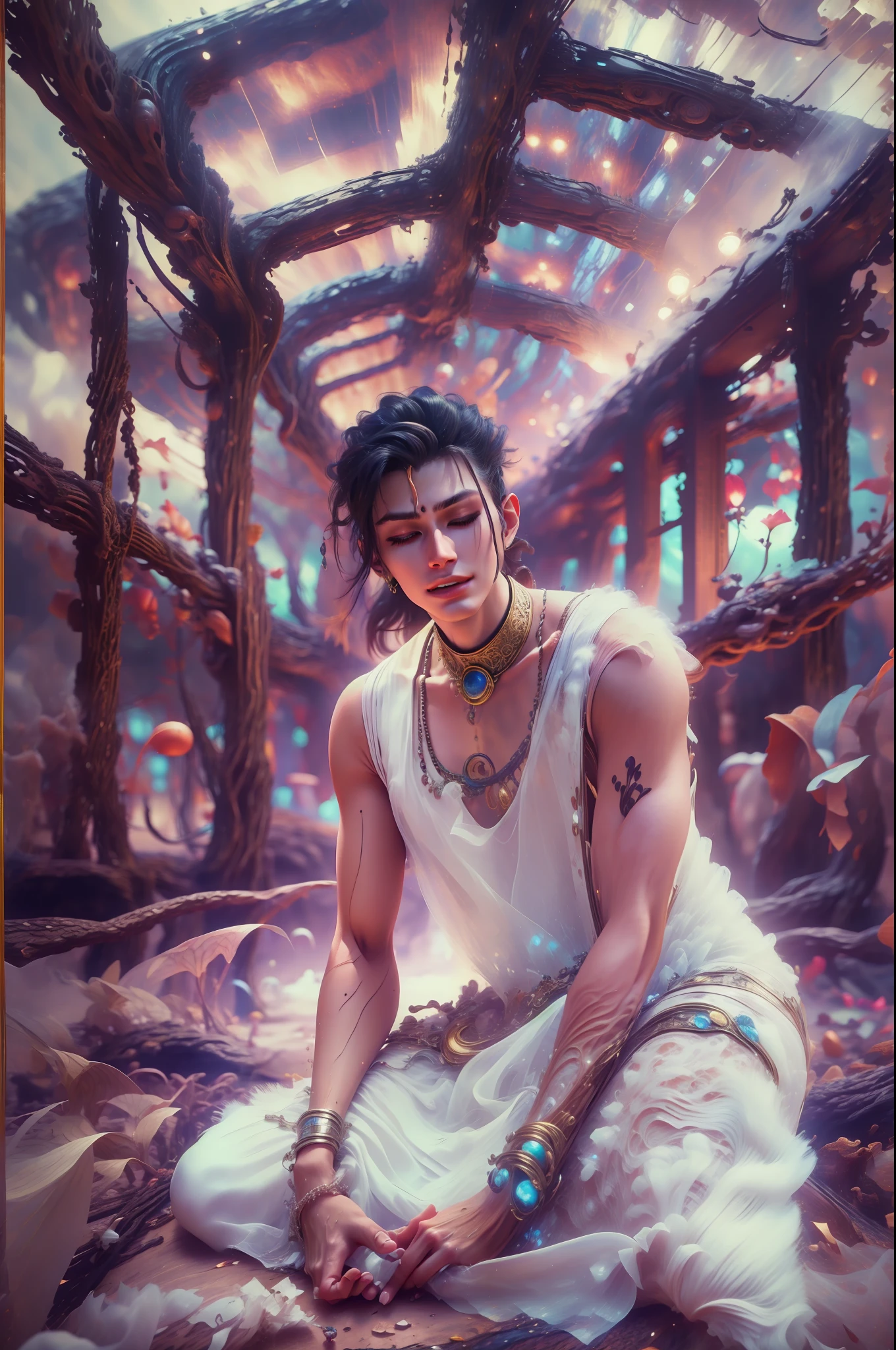 Handsome guy in a white shirt,Sit and meditate in a lotus pose,Look at the audience with your eyes closed,raised head,Floating on the ground,cheerfulness,A slight smil,realisticlying,Bokeh,light particules,very highly detailed background,detailed face with,Detailed and complex busy background,Untidy,opulent,milkyW,Highly detailed hands,Realistic details of skin,Visible Pore,tack sharp focus,volume fog,8K UHD,digital SLR camera,high qulity,filmgrain,White skin of the,photo-realism,lomo graphy,Huge metropolis in a dystopia of the future , look from down
