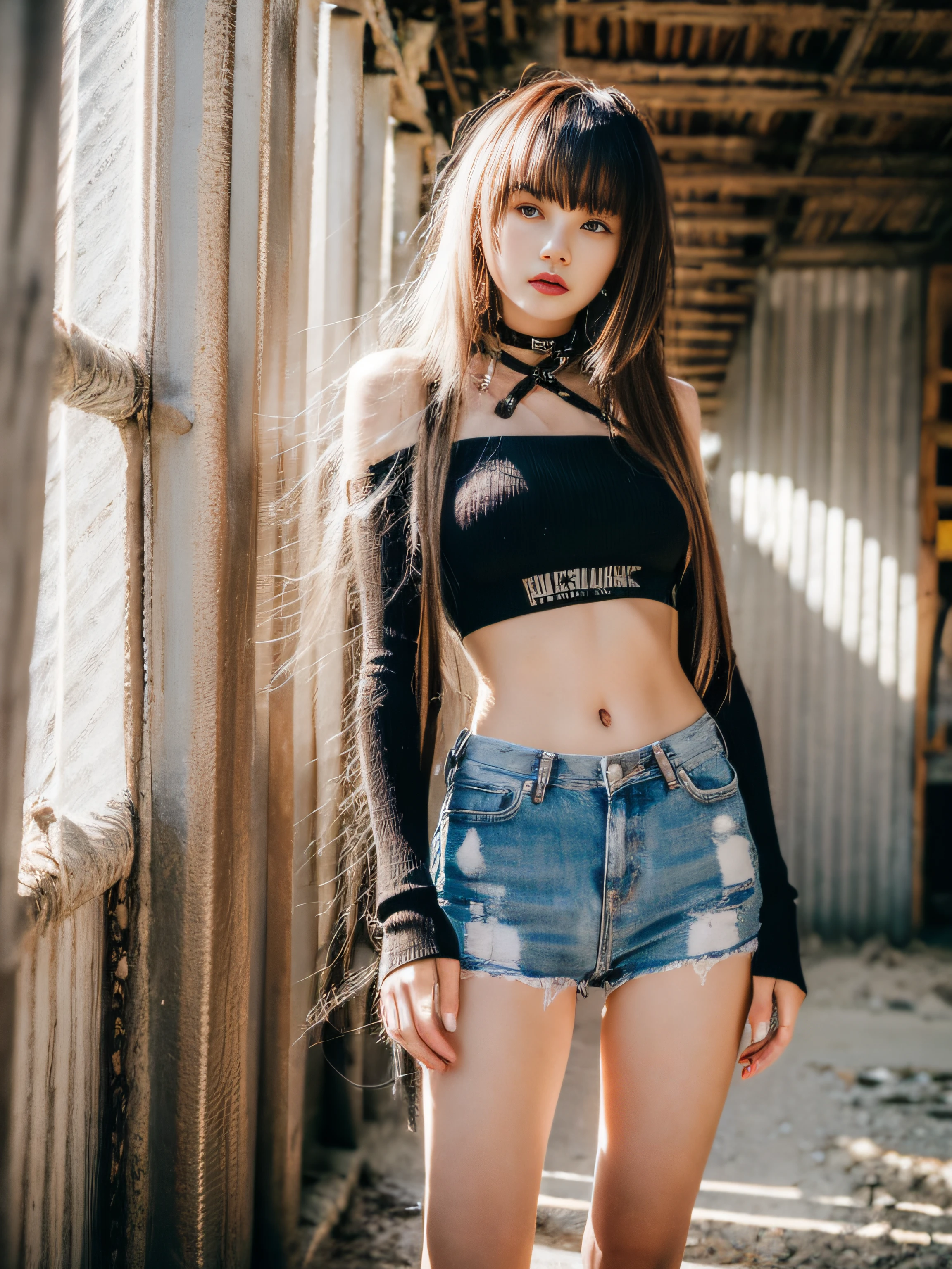 Lisa light yellow long hair, Lisa face shape, wearing wasteland punk costume, thin knitted clothing, ruins, sexy, bare waist, long legs, masterpiece, superlative, realistic, HD, natural sunlight, 16k