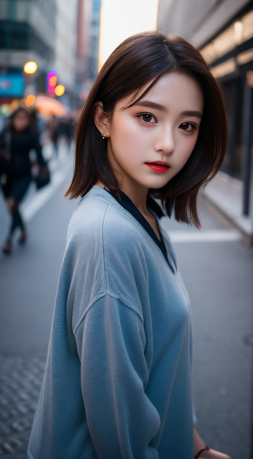 ​masterpiece, top-quality, Raw foto, Photorealsitic、full body Esbian、 beautiful a girl, cute little, shorth hair, depth of fields, hight resolution, ultra-detailliert, finely detail, ighly detailed, extremely detailed eye and face, Sharp pupils, Realistic pupils, foco nítido, Cinematic lighting、small tits、In the street、Casual wear