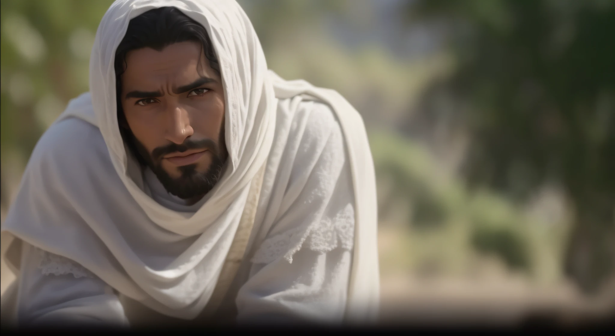 Homem arafed em um manto branco sentado em um banco, still image from tv series, jesus of nazareth, ainda de um filme live action, ainda do filme, Ainda de um filme de Terence Malik, ainda do filme, youtube video screenshot, captura de tela de um filme, Ainda quadro de um filme, ainda filmado do filme, ainda do filme