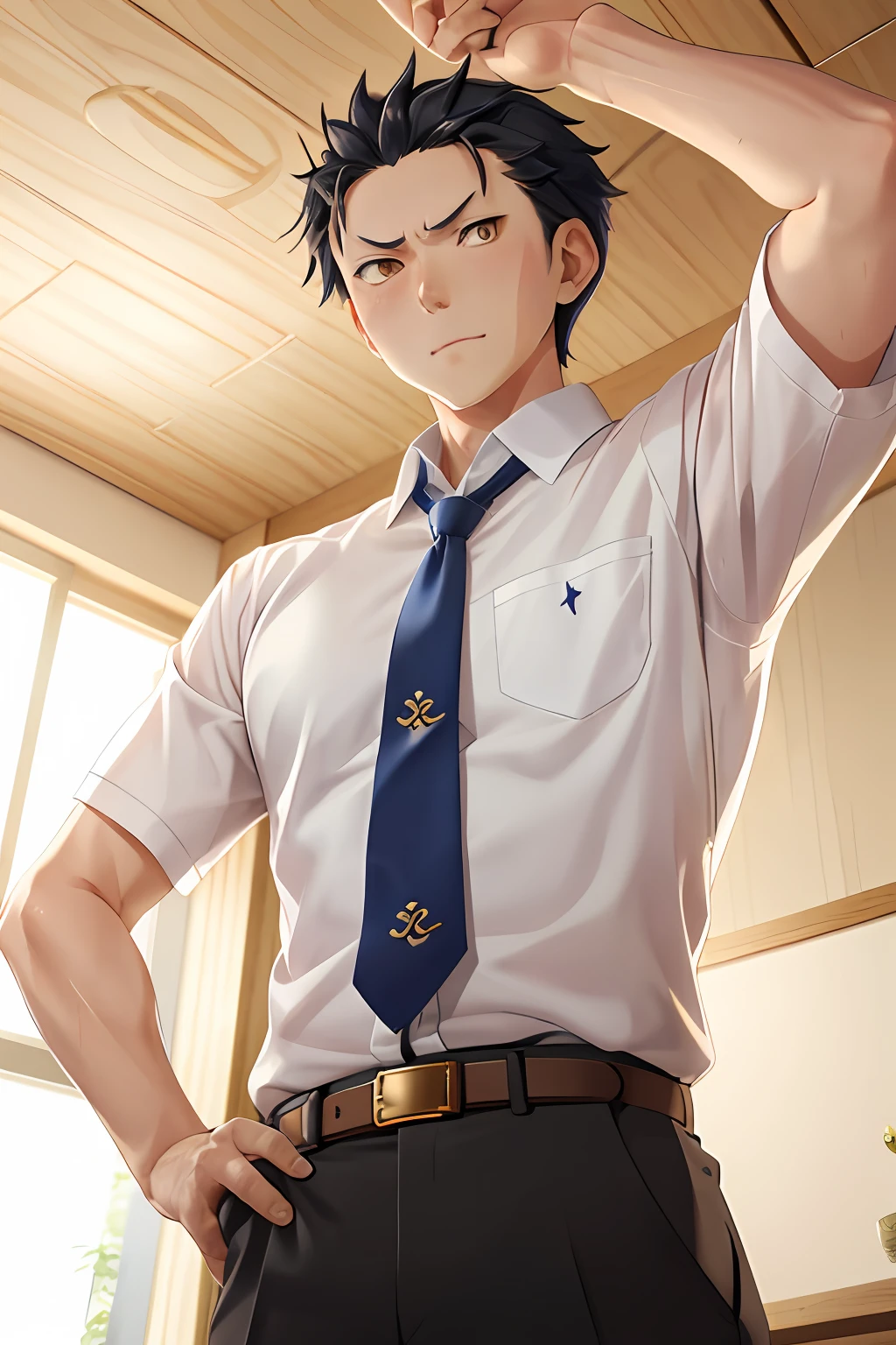 (Adult men:1.5),HD Natsuki Subaru style Pixiu masterpiece,super detailing,The male protagonist stretches his waist,Lazy gestures,Has golden eyes(eye glitter),with short golden hair,Wearing a white shirt,Wear a tie and belt,And some fine sweat,The photographic angle is taken from below。