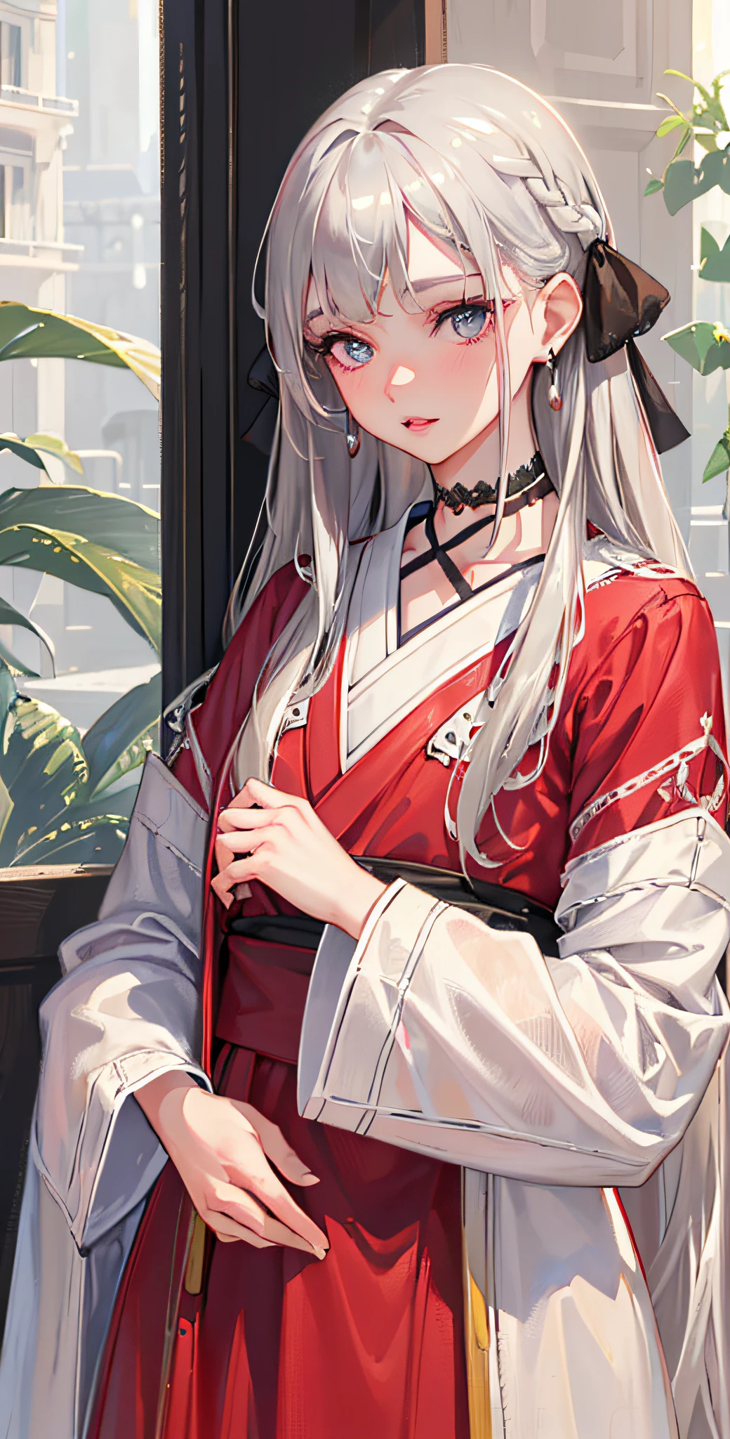 (photo-realistic,ultrarealistic8kCG:1.2),perfectartwork,delicatepattern,(bestquality,intricatedetail,extremelyintricate:1.2),70mmtelephotolens,(ultra-detailed),Stronglighting,lightandshadowtexture,texturedetails,-------------------------------(ulzzang6500V),(idol),(detailedclothesfeatures),choker,earrings,hairribbon,ExquisiteMakeup,(23yearsoldgirll,solo:1.2),woman,girly,brighteyes,smallbreasts,(silverhair,verylonghair:1.4),lookingatviewer,cowboyshot,chineseclothes,reddress,hanfu,longsleeves,widesleeves,
